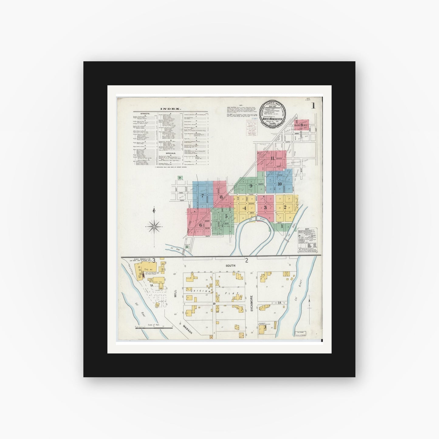 Old map wall art mockup — black gallery frame with white mat — Sanborn Fire Insurance Map from North Manchester, Wabash County, Indiana (1900) - Complete Map Set
