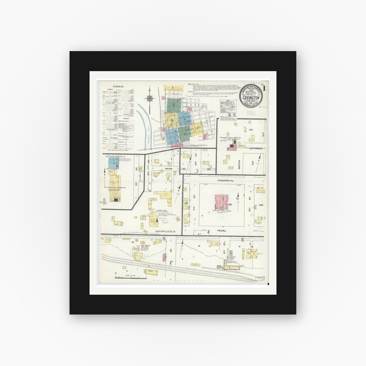Old map wall art mockup — black gallery frame with white mat — Sanborn Fire Insurance Map from Covington, Fountain County, Indiana (1910), Sheet #0001