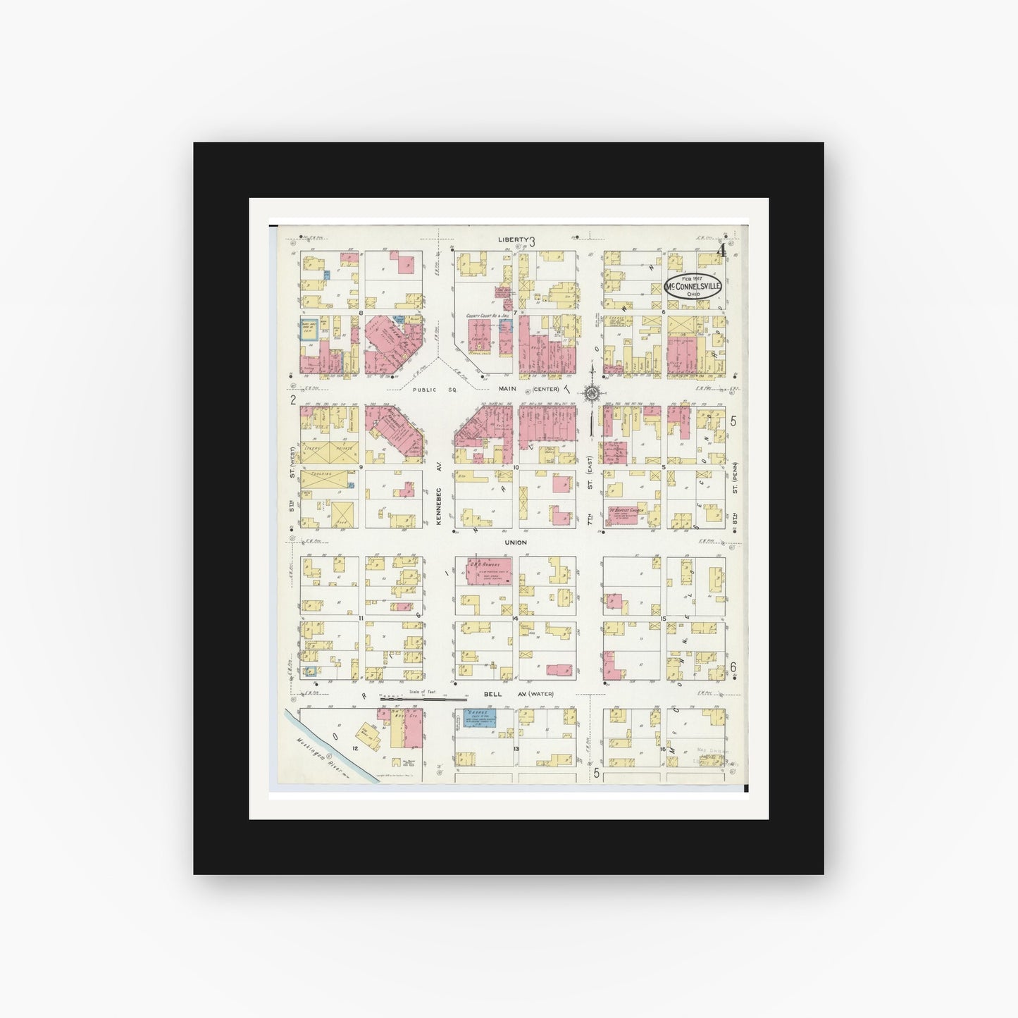 Old map wall art mockup — black gallery frame with white mat — Sanborn Fire Insurance Map from McConnelsville, Morgan County, Ohio (1917), Sheet #0004