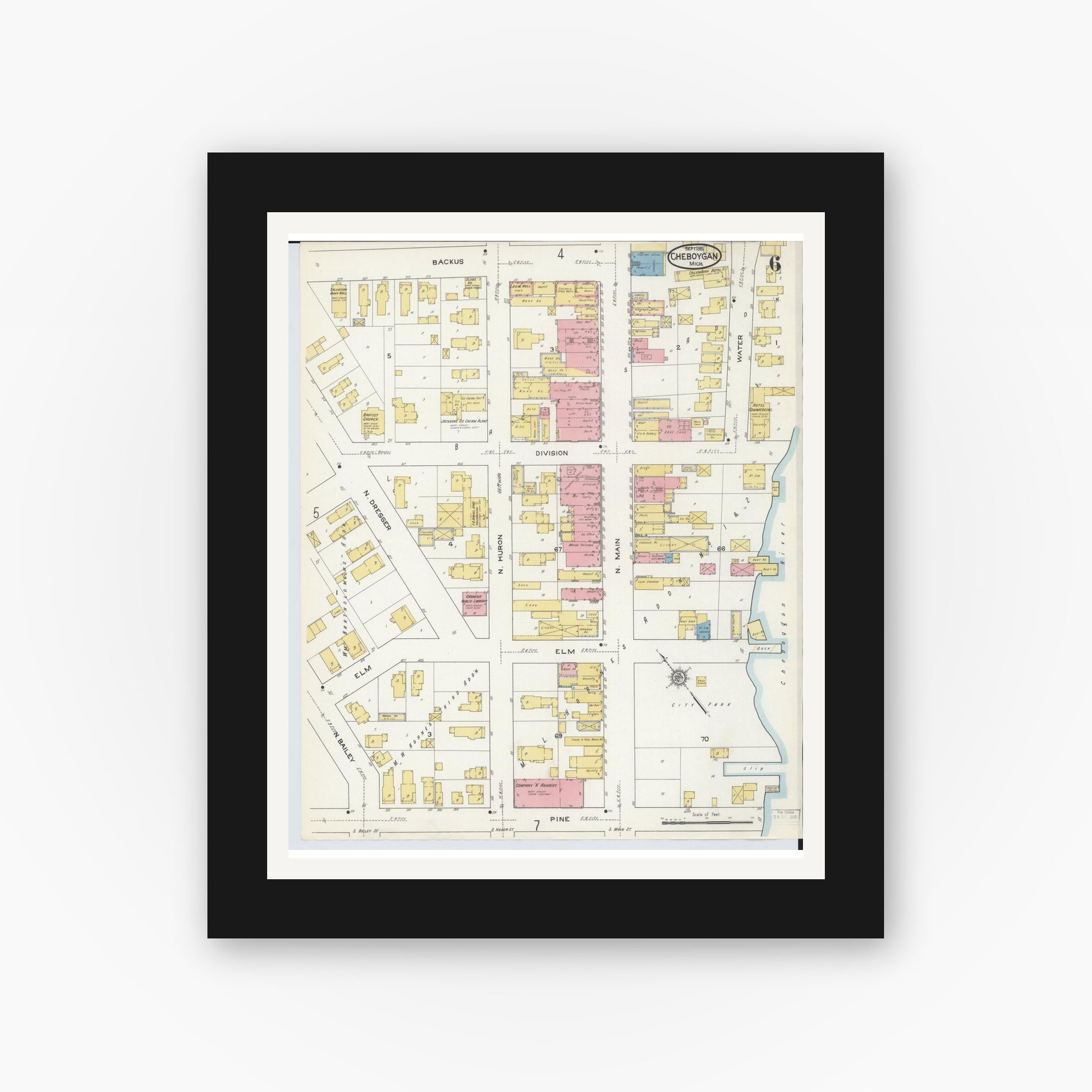 Old map wall art mockup — black gallery frame with white mat — Sanborn Fire Insurance Map from Cheboygan, Cheboygan County, Michigan (1915), Sheet #0006