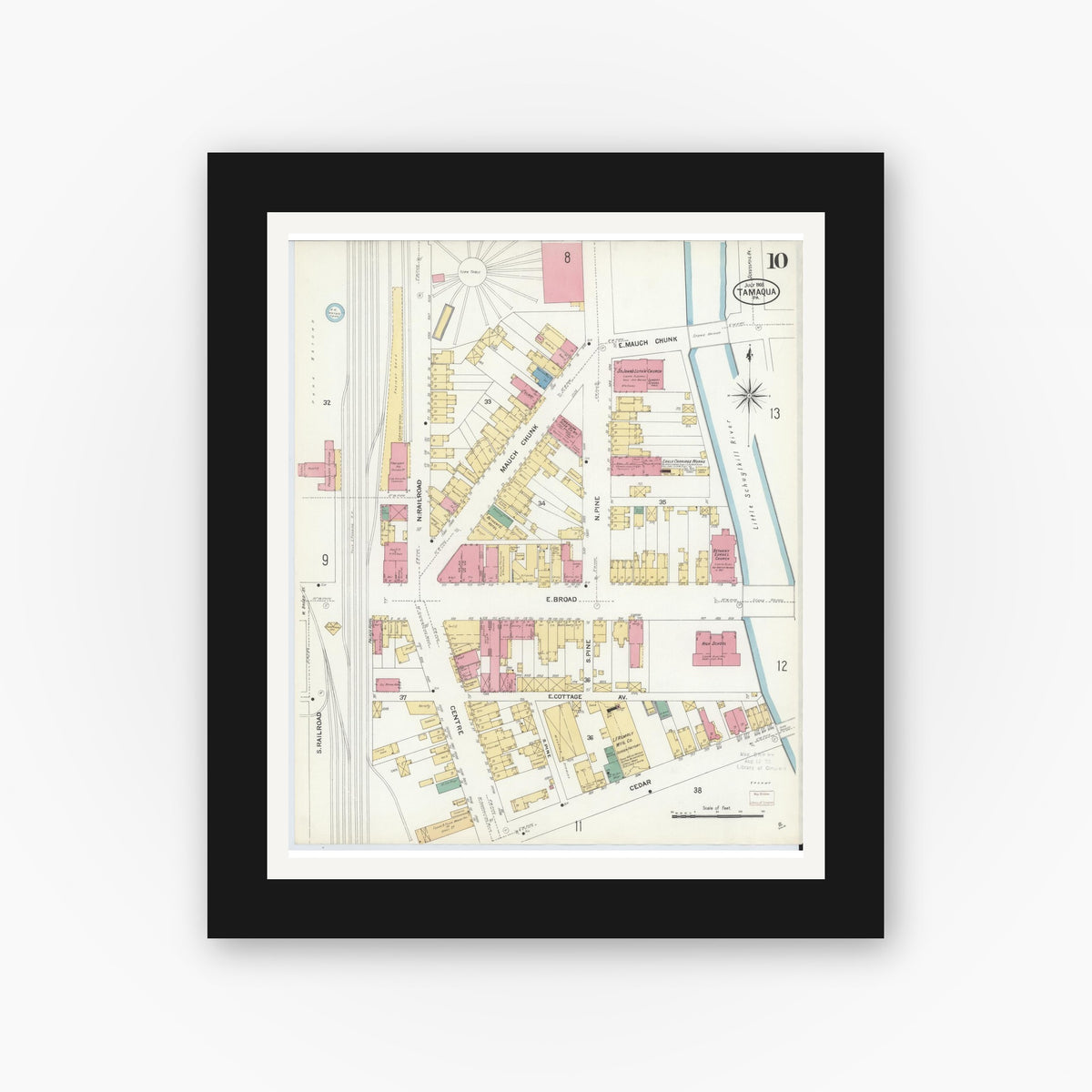 Old map wall art mockup — black gallery frame with white mat — Sanborn Fire Insurance Map from Tamaqua, Schuylkill County, Pennsylvania (1908), Sheet #0010