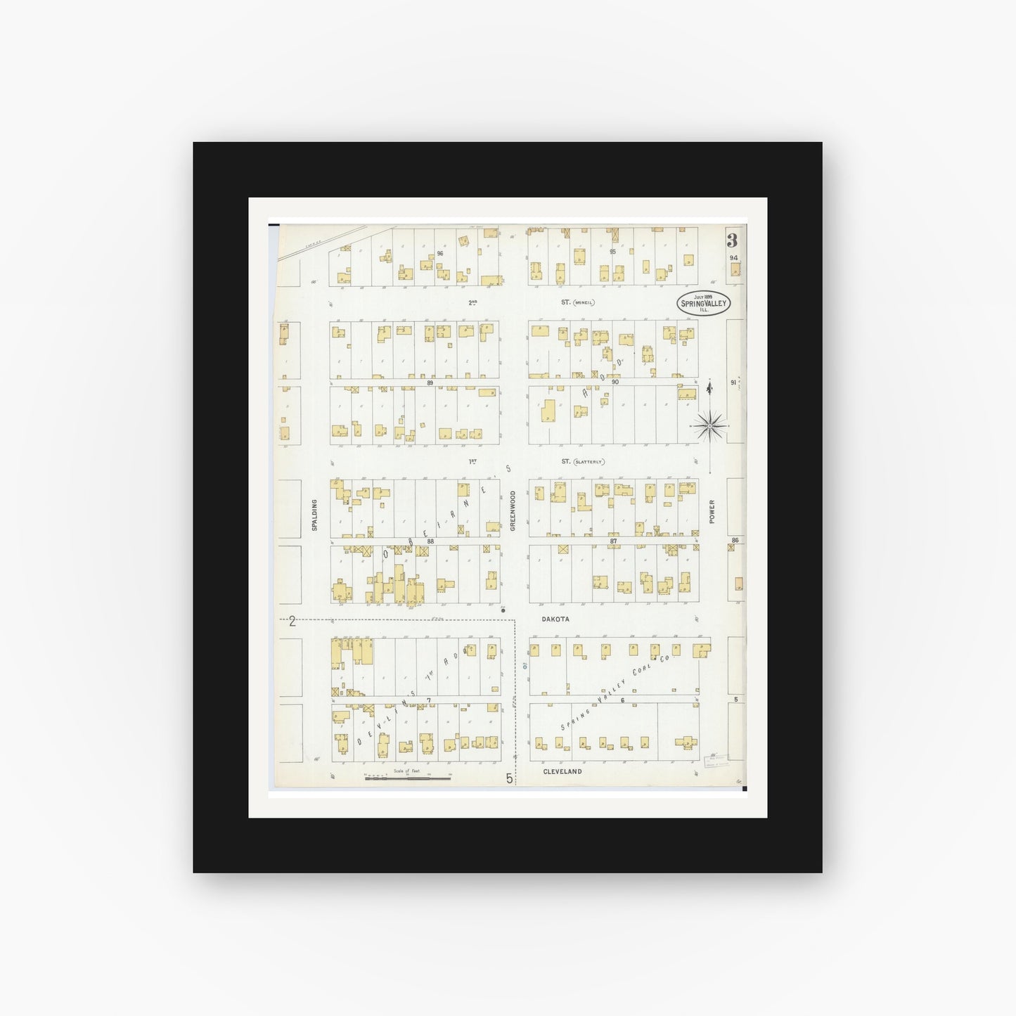 Old map wall art mockup — black gallery frame with white mat — Sanborn Fire Insurance Map from Spring Valley, Bureau County, Illinois (1899), Sheet #0003