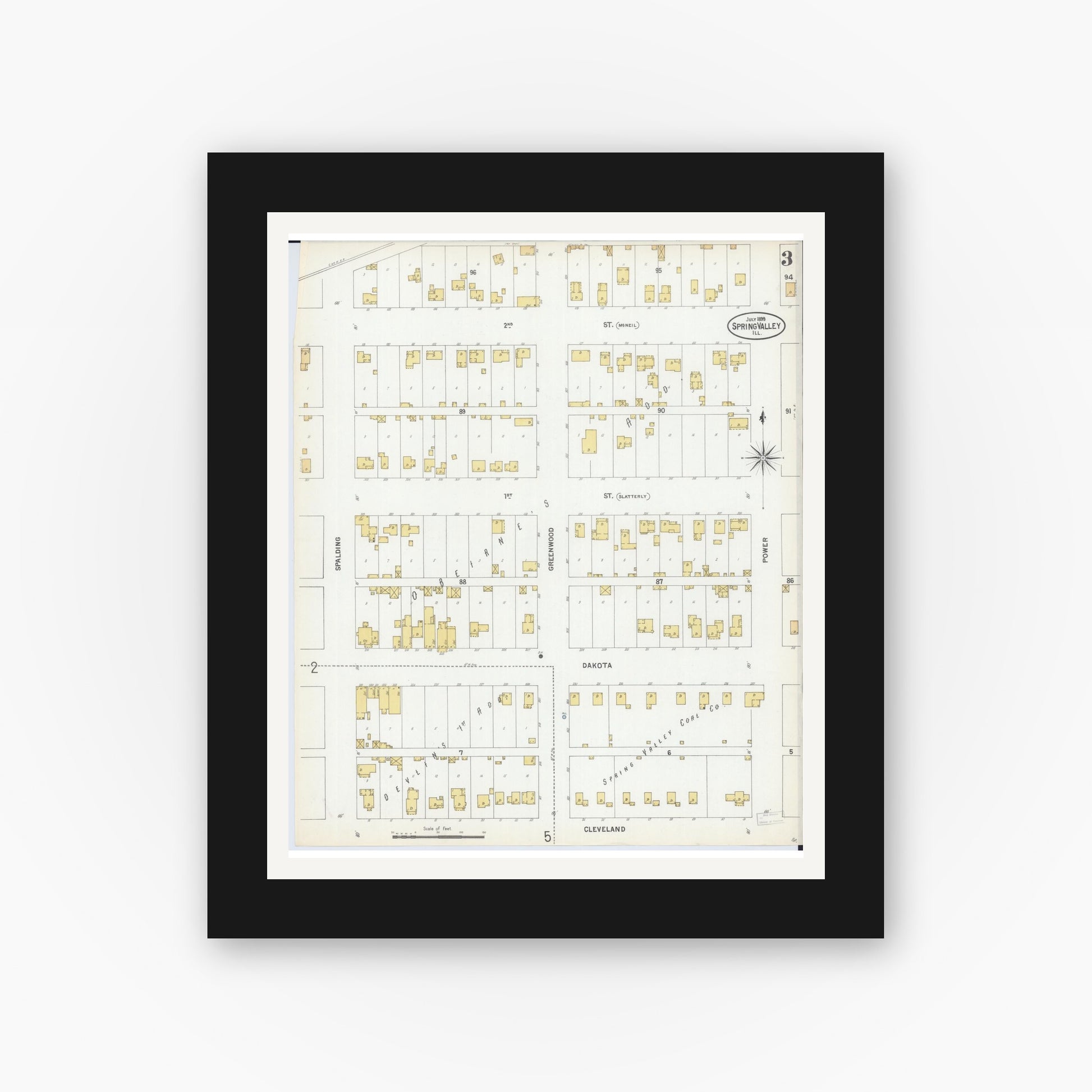 Old map wall art mockup — black gallery frame with white mat — Sanborn Fire Insurance Map from Spring Valley, Bureau County, Illinois (1899), Sheet #0003