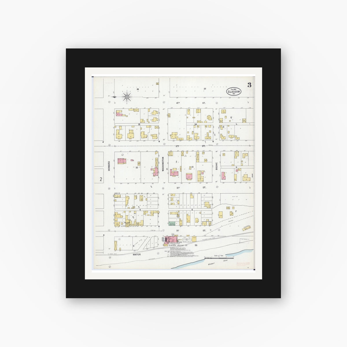Old map wall art mockup — black gallery frame with white mat — Sanborn Fire Insurance Map from Glasgow, Howard County, Missouri (1900), Sheet #0003