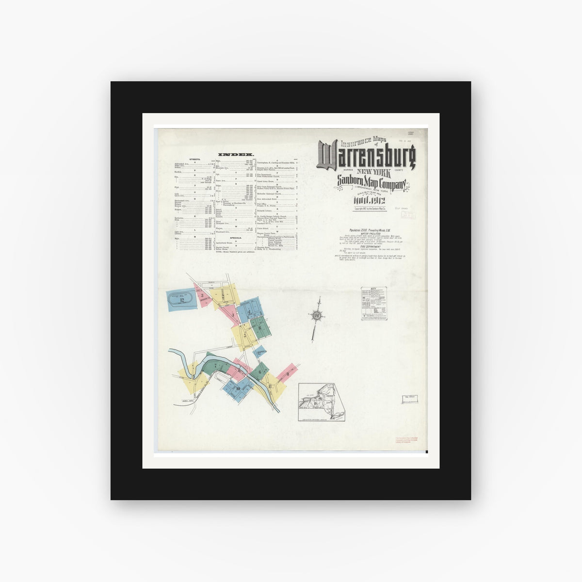 Old map wall art mockup — black gallery frame with white mat — Sanborn Fire Insurance Map from Warrensburg, Warren County, New York (1912) - Complete Map Set