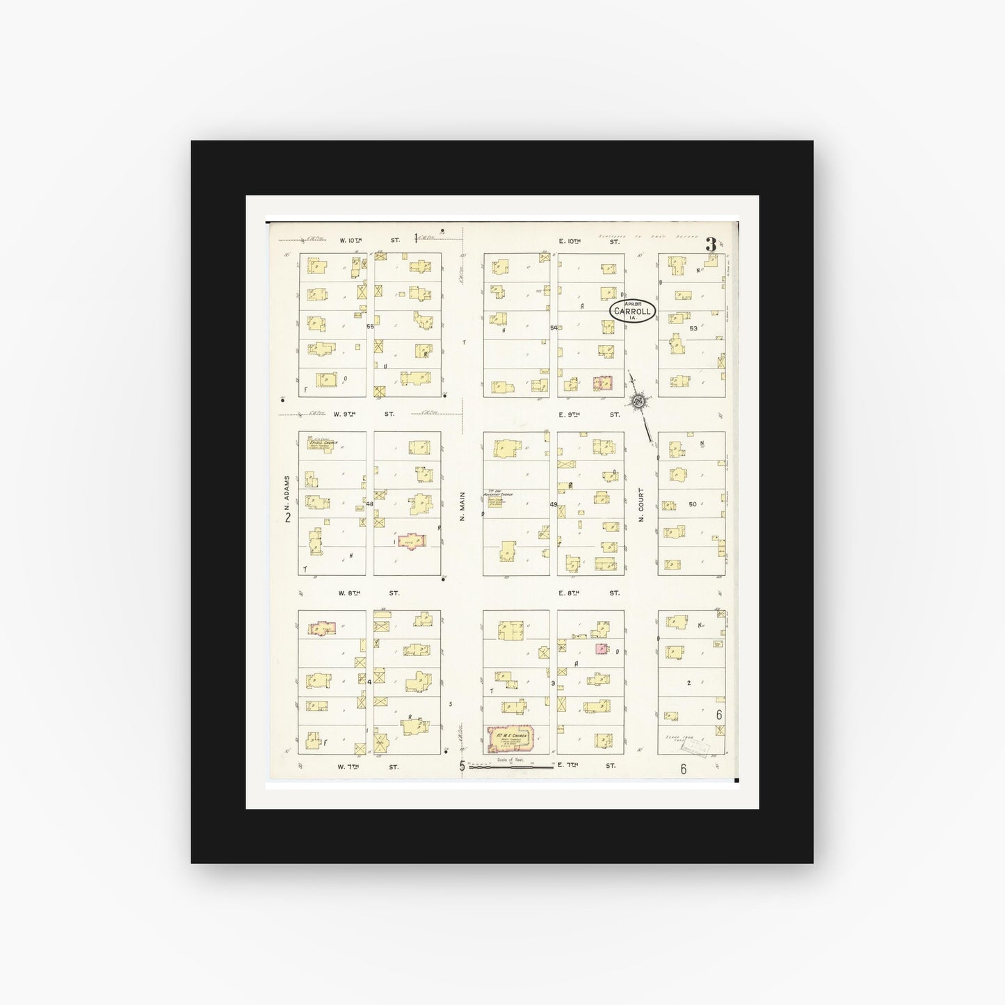 Old map wall art mockup — black gallery frame with white mat — Sanborn Fire Insurance Map from Carroll, Carroll County, Iowa (1915), Sheet #0003