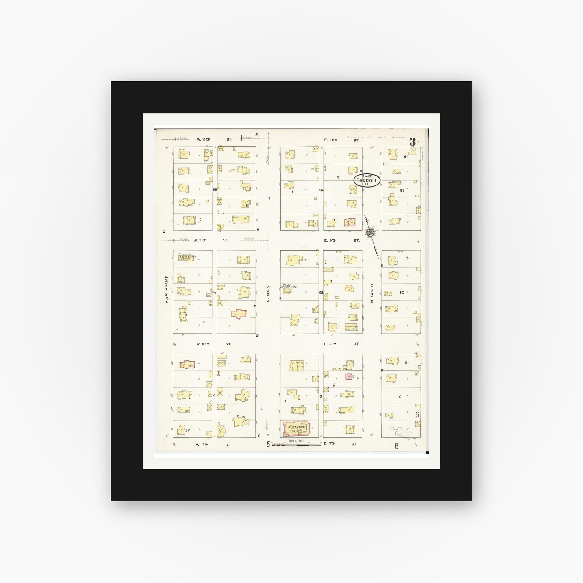 Old map wall art mockup — black gallery frame with white mat — Sanborn Fire Insurance Map from Carroll, Carroll County, Iowa (1915), Sheet #0003