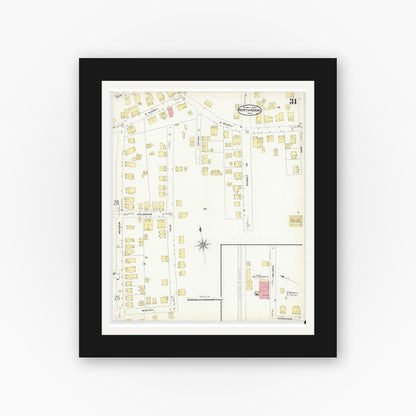 Old map wall art mockup — black gallery frame with white mat — Sanborn Fire Insurance Map from North Adams, Berkshire County, Massachusetts (1908), Sheet #0031