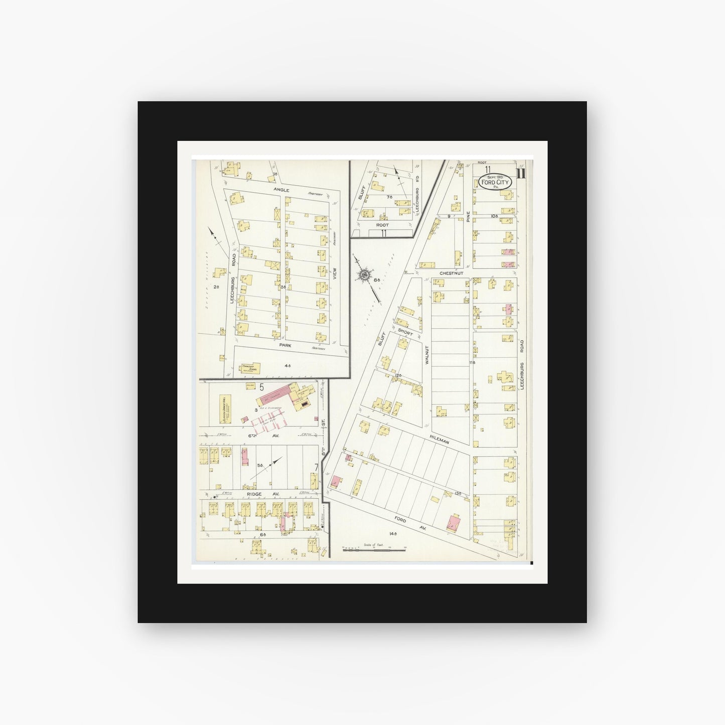 Old map wall art mockup — black gallery frame with white mat — Sanborn Fire Insurance Map from Ford City, Armstrong County, Pennsylvania (1913), Sheet #0011