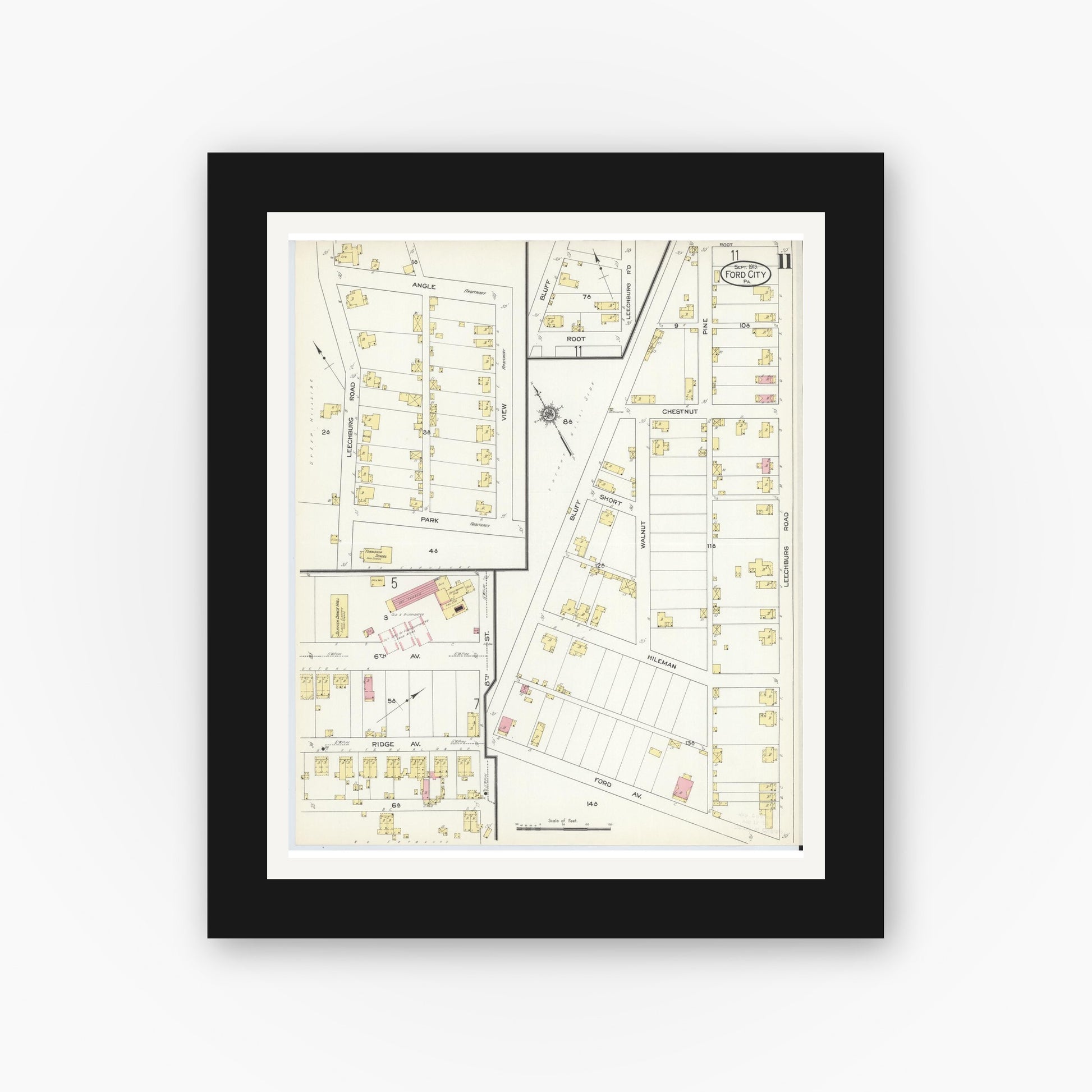 Old map wall art mockup — black gallery frame with white mat — Sanborn Fire Insurance Map from Ford City, Armstrong County, Pennsylvania (1913), Sheet #0011