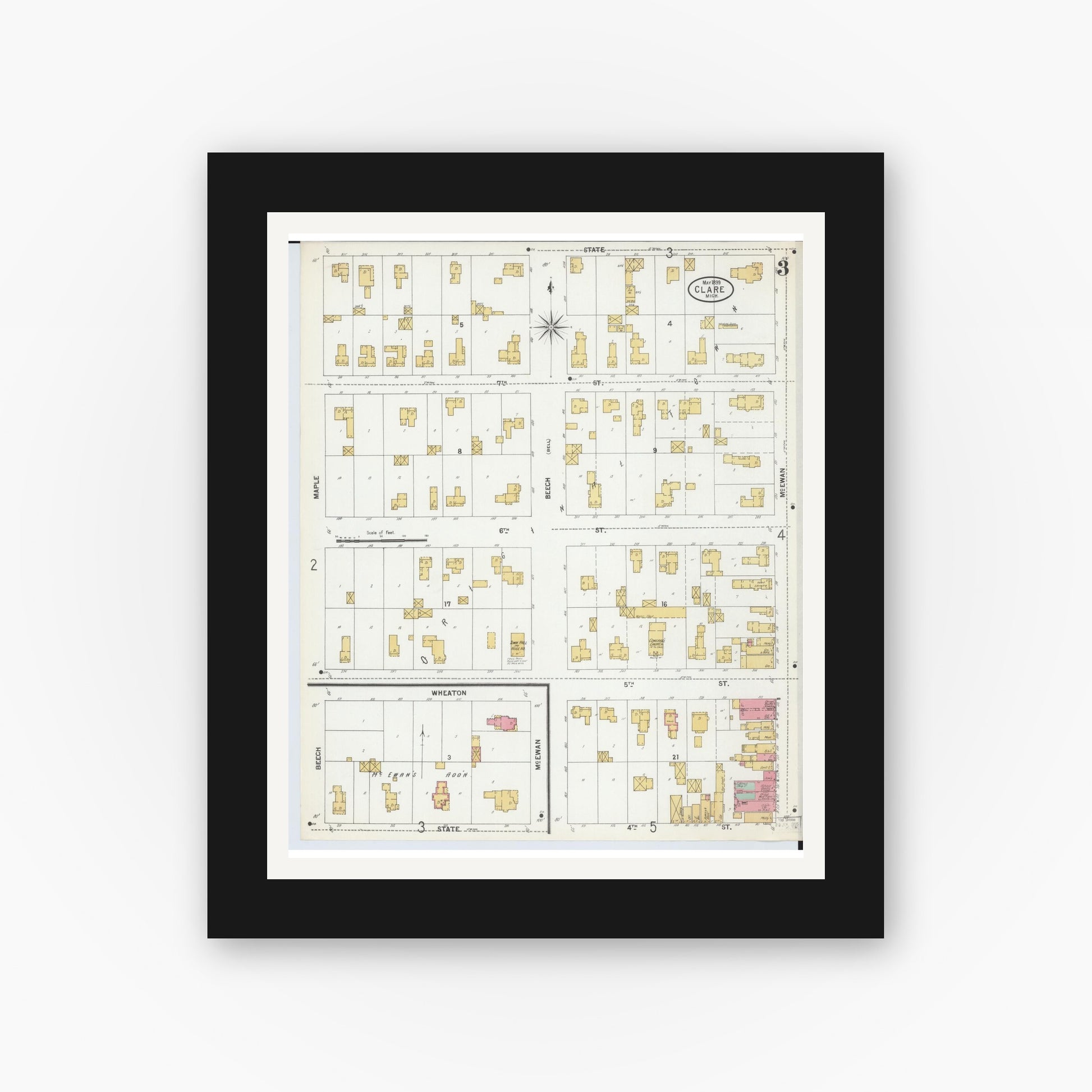 Old map wall art mockup — black gallery frame with white mat — Sanborn Fire Insurance Map from Clare, Clare County, Michigan (1899), Sheet #0003