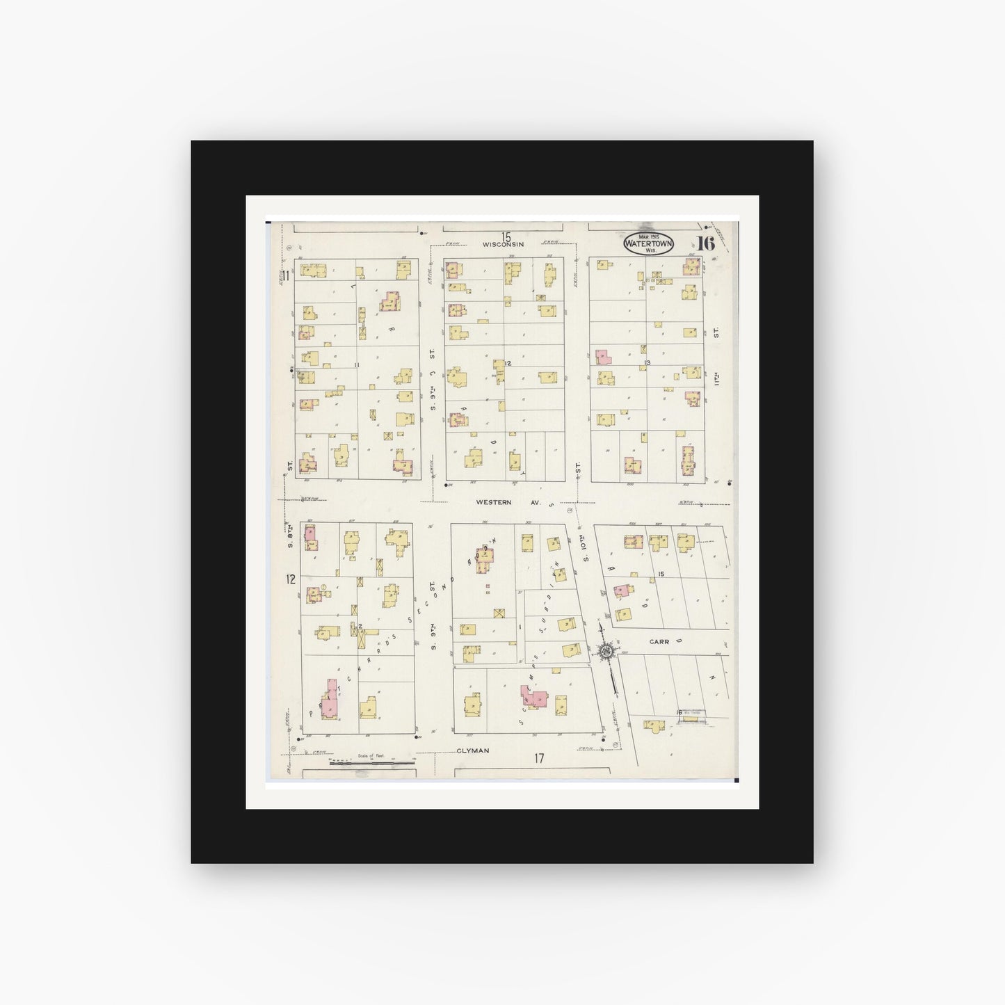 Old map wall art mockup — black gallery frame with white mat — Sanborn Fire Insurance Map from Watertown, Jefferson County, Wisconsin (1915), Sheet #0017