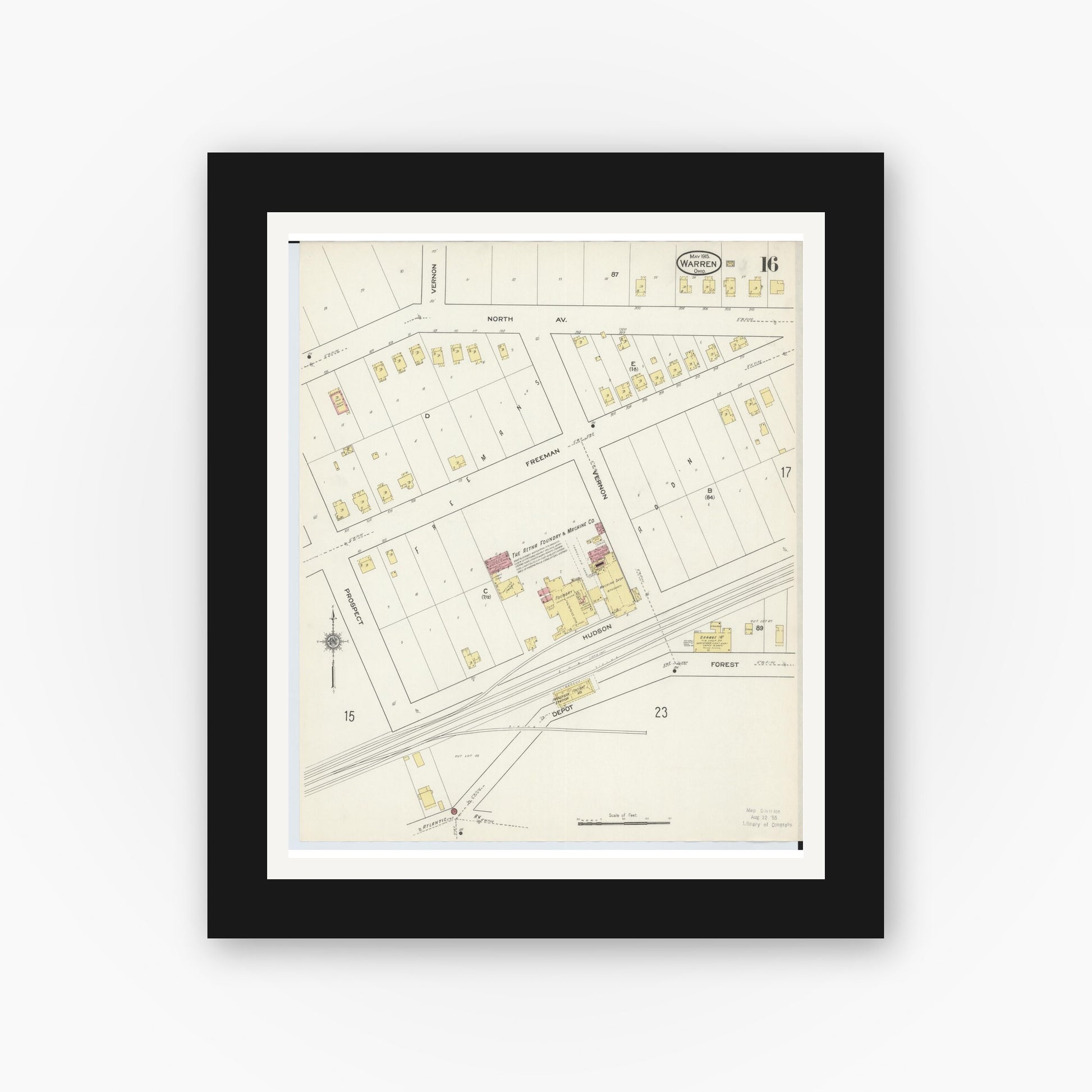 Old map wall art mockup — black gallery frame with white mat — Sanborn Fire Insurance Map from Warren, Trumbull County, Ohio (1915), Sheet #0016