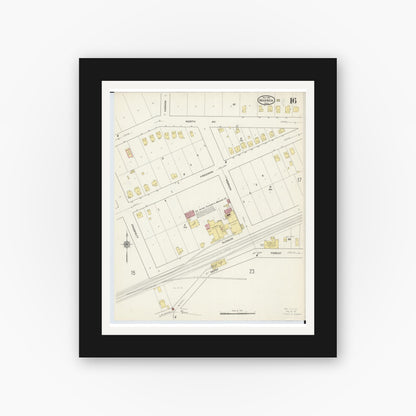 Old map wall art mockup — black gallery frame with white mat — Sanborn Fire Insurance Map from Warren, Trumbull County, Ohio (1915), Sheet #0016