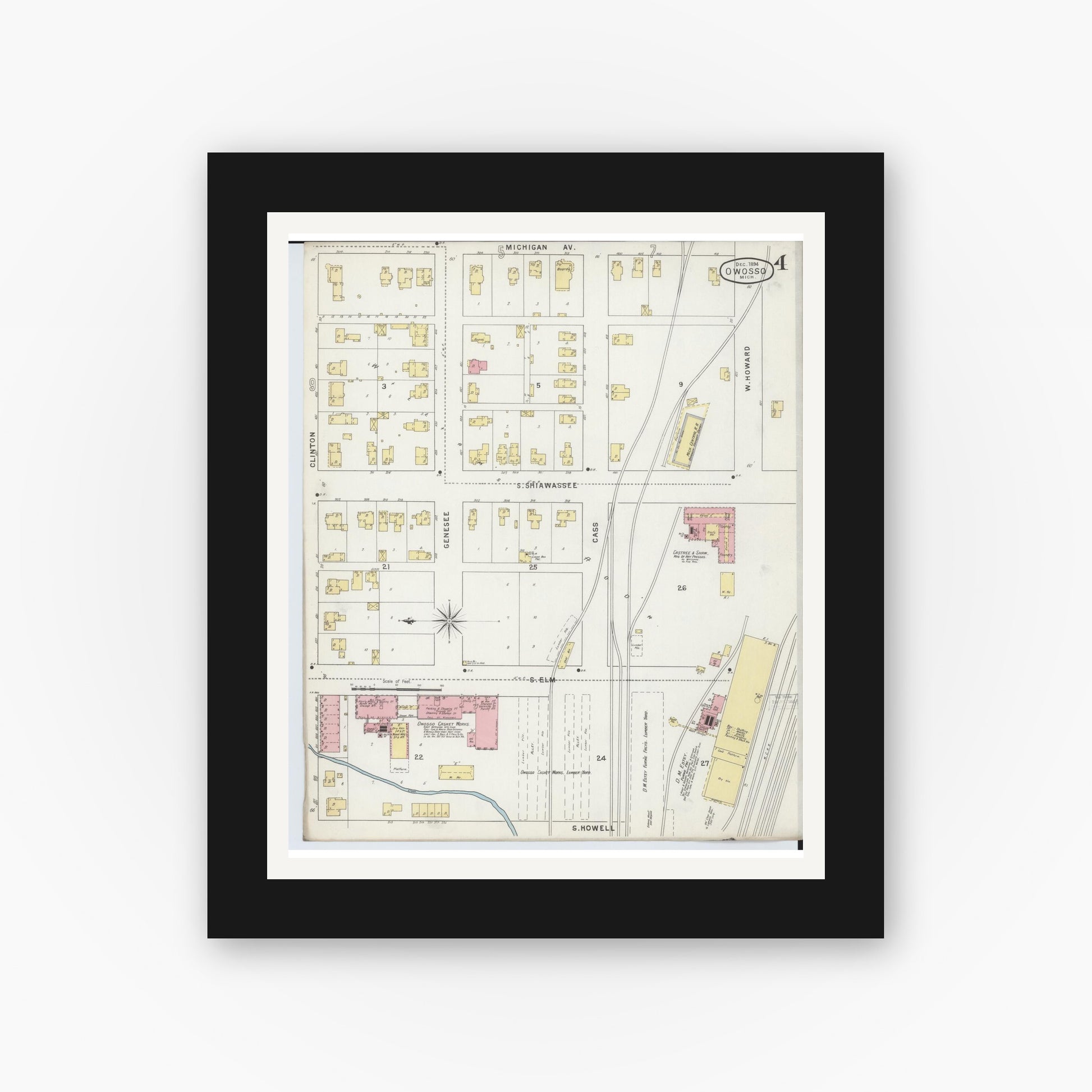 Old map wall art mockup — black gallery frame with white mat — Sanborn Fire Insurance Map from Owosso, Shiawassee County, Michigan (1894), Sheet #0004