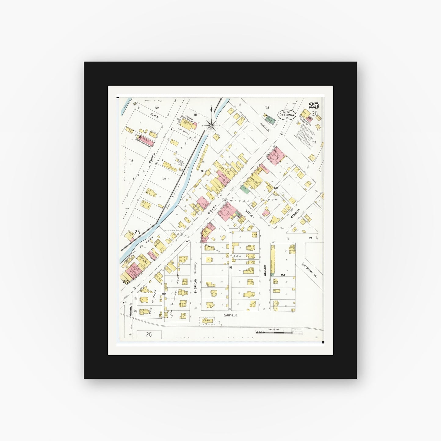Old map wall art mockup — black gallery frame with white mat — Sanborn Fire Insurance Map from Ottumwa, Wapello County, Iowa (1902), Sheet #0025