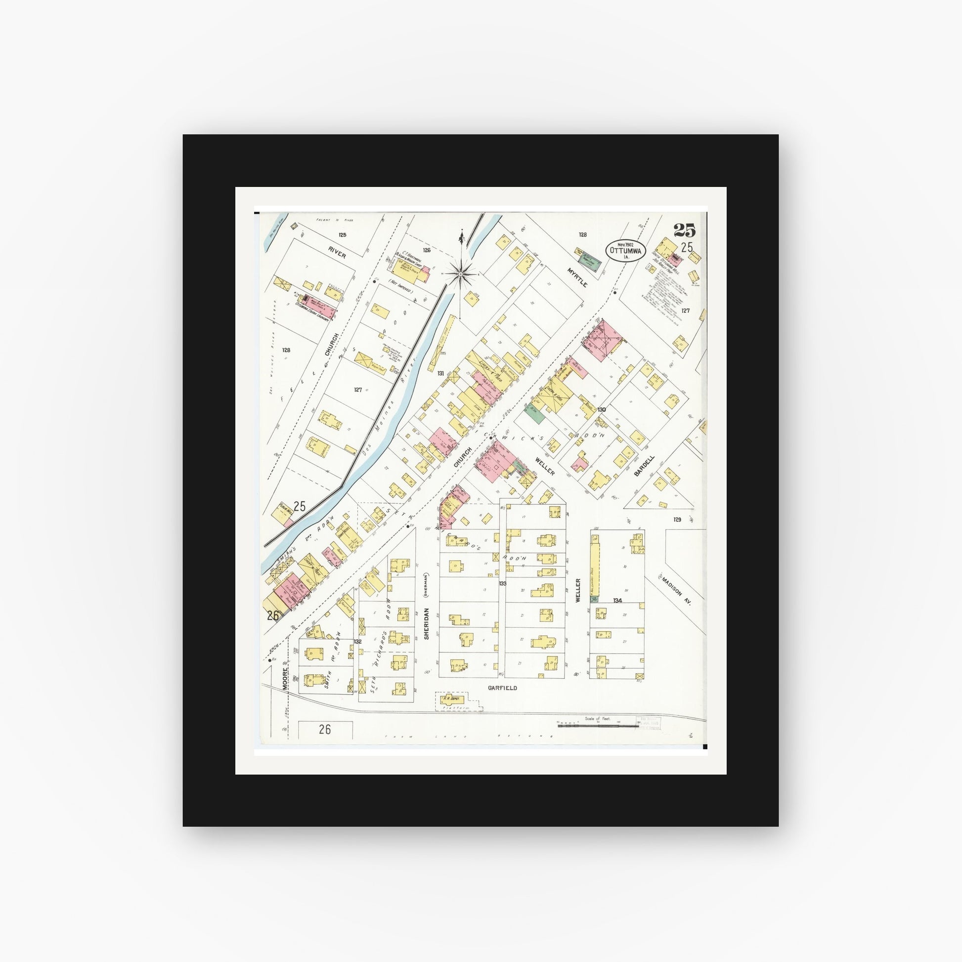 Old map wall art mockup — black gallery frame with white mat — Sanborn Fire Insurance Map from Ottumwa, Wapello County, Iowa (1902), Sheet #0025