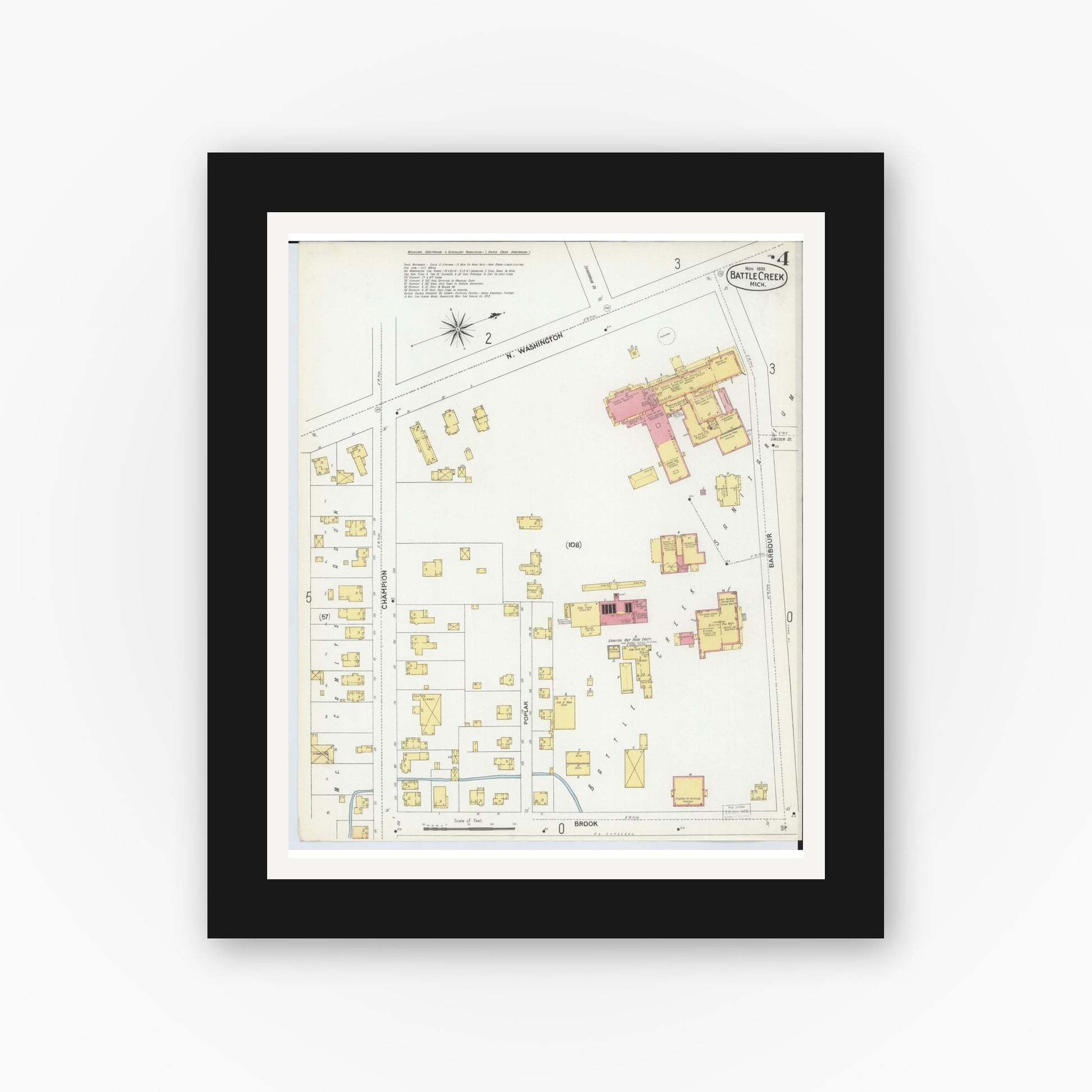Old map wall art mockup — black gallery frame with white mat — Sanborn Fire Insurance Map from Battle Creek, Calhoun County, Michigan (1899), Sheet #0004