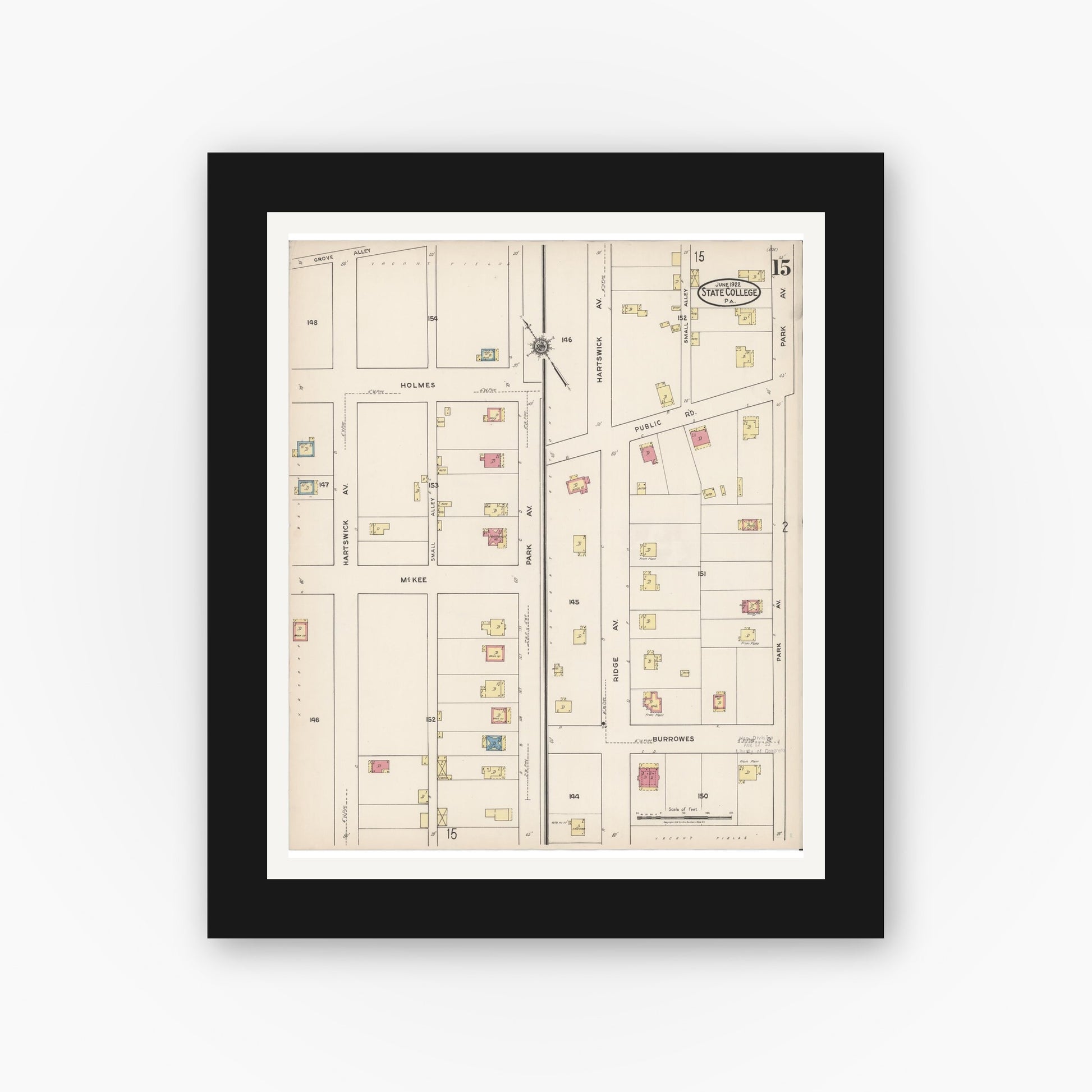 Old map wall art mockup — black gallery frame with white mat — Sanborn Fire Insurance Map from State College, Centre County, Pennsylvania (1922), Sheet #0015