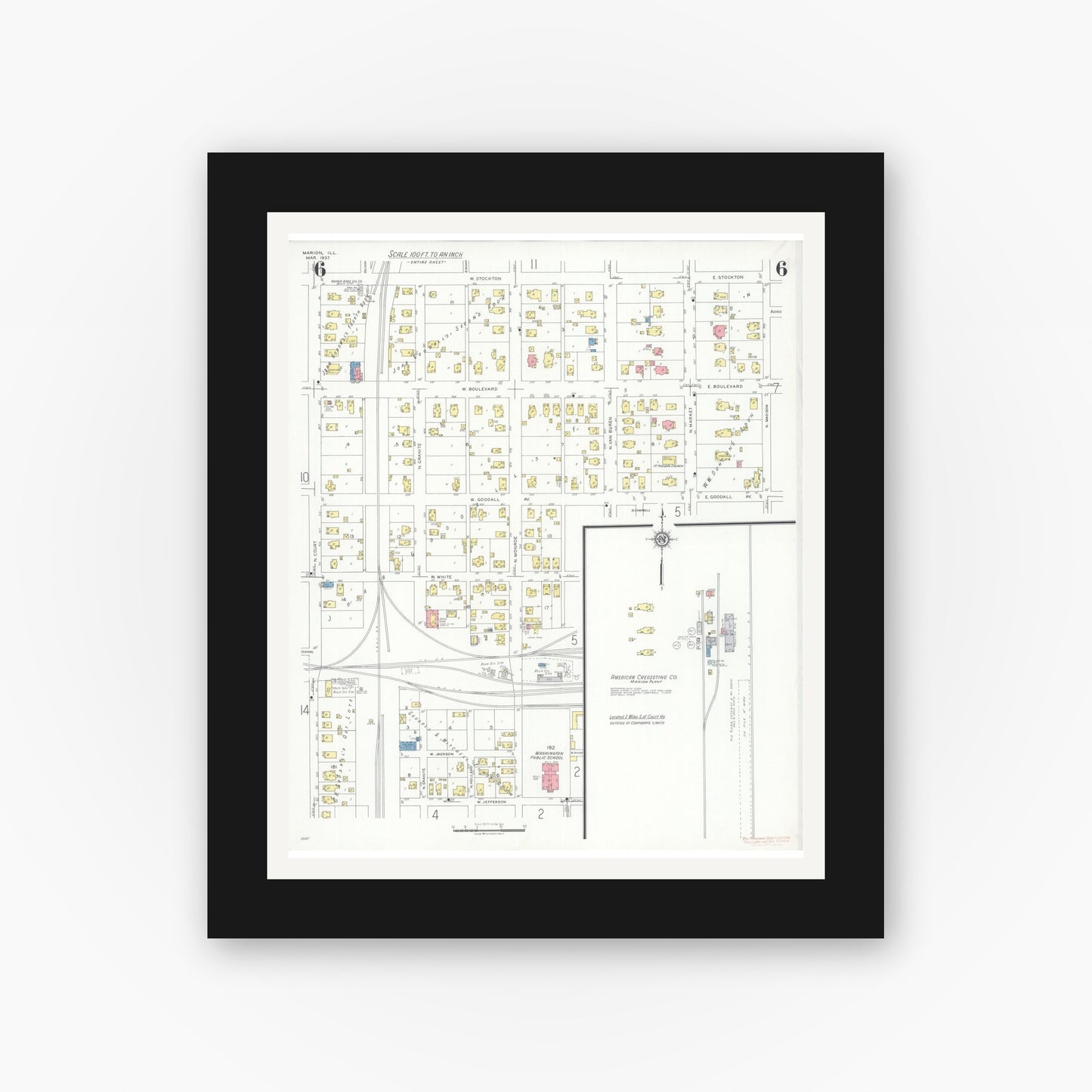Old map wall art mockup — black gallery frame with white mat — Sanborn Fire Insurance Map from Marion, Williamson County, Illinois (1937), Sheet #0006