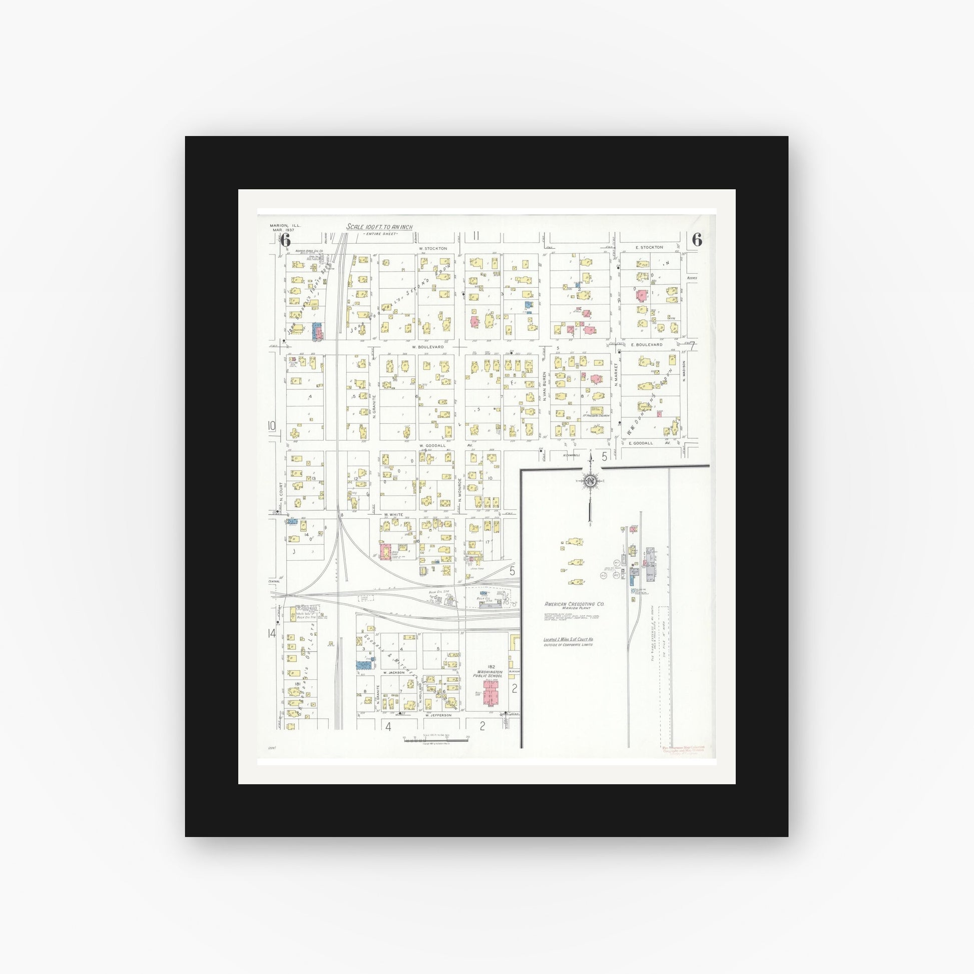 Old map wall art mockup — black gallery frame with white mat — Sanborn Fire Insurance Map from Marion, Williamson County, Illinois (1937), Sheet #0006