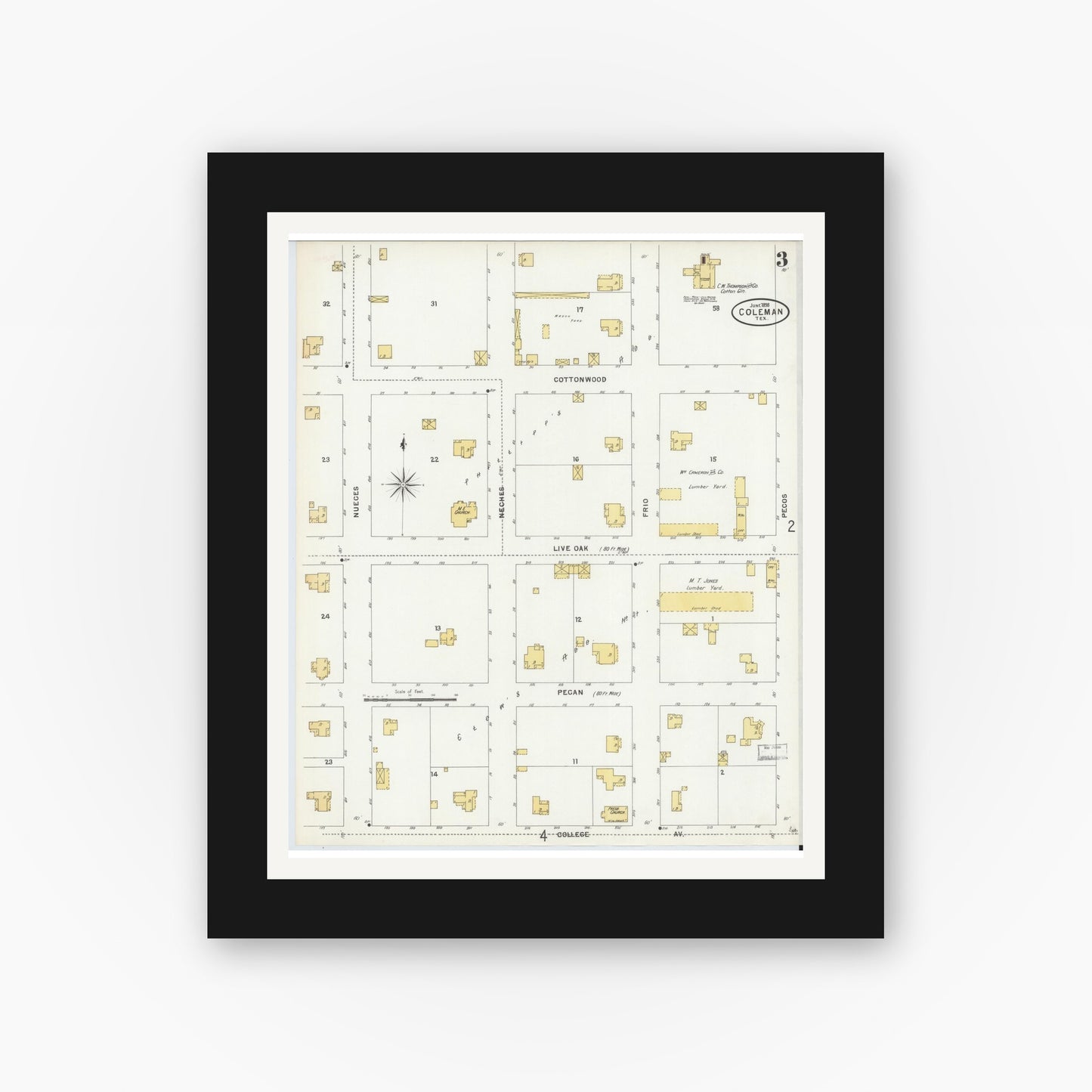 Old map wall art mockup — black gallery frame with white mat — Sanborn Fire Insurance Map from Coleman, Coleman County, Texas (1898), Sheet #0003