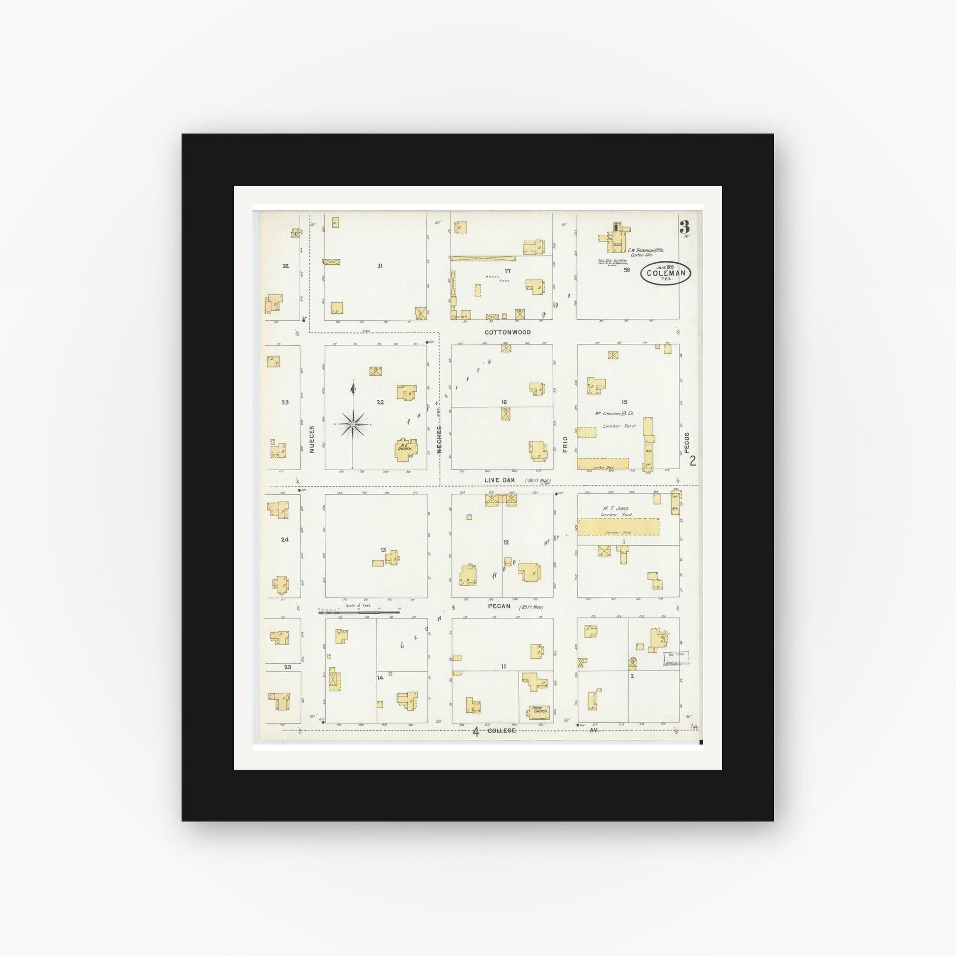 Old map wall art mockup — black gallery frame with white mat — Sanborn Fire Insurance Map from Coleman, Coleman County, Texas (1898), Sheet #0003