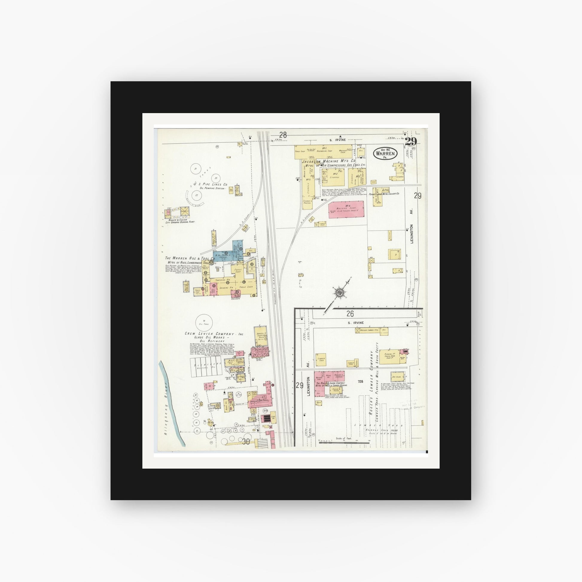 Old map wall art mockup — black gallery frame with white mat — Sanborn Fire Insurance Map from Warren, Warren County, Pennsylvania (1912), Sheet #0029