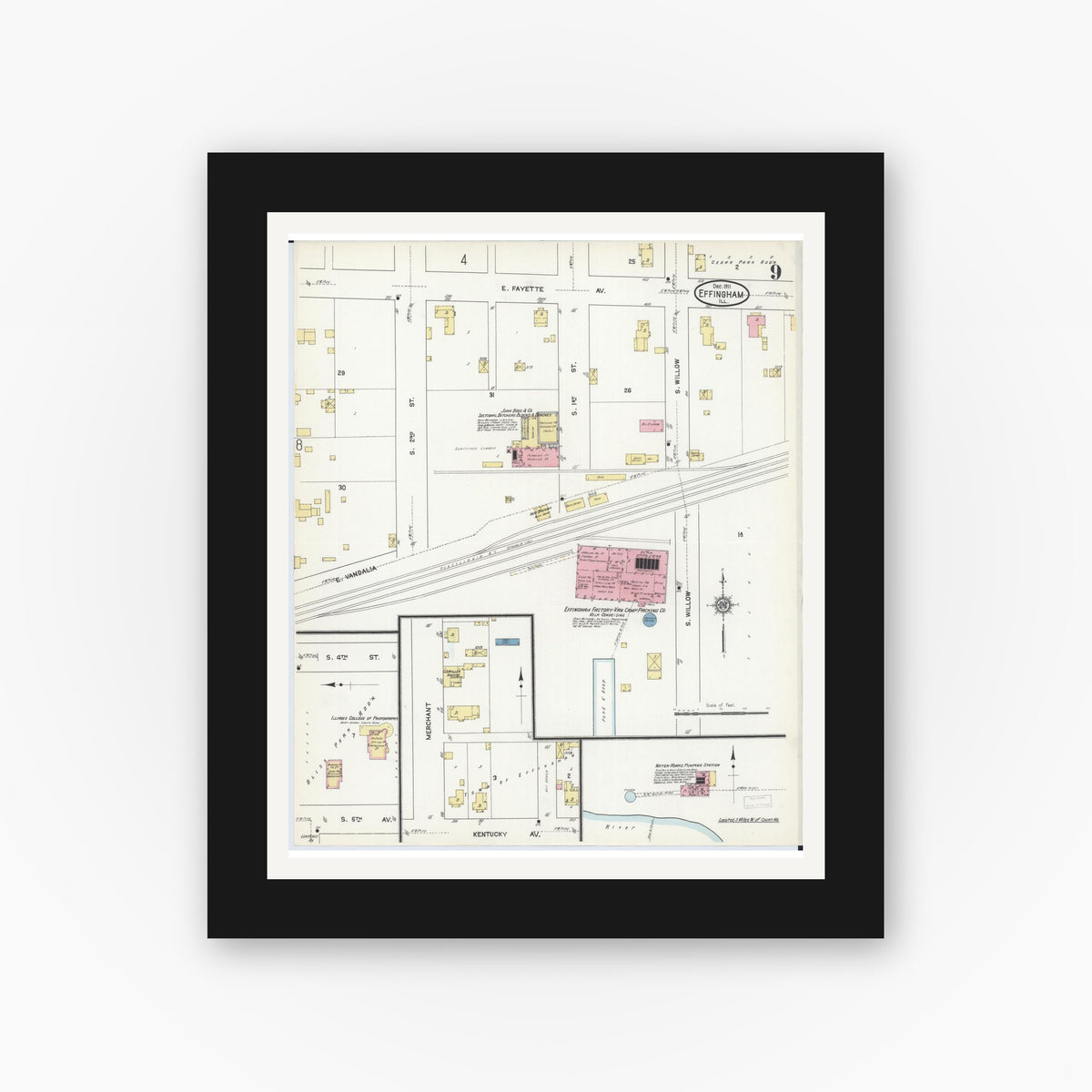 Old map wall art mockup — black gallery frame with white mat — Sanborn Fire Insurance Map from Effingham, Effingham County, Illinois (1911), Sheet #0009