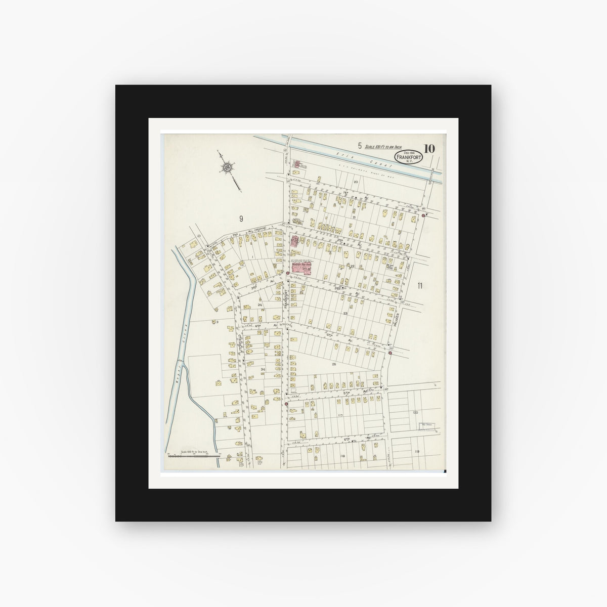 Old map wall art mockup — black gallery frame with white mat — Sanborn Fire Insurance Map from Frankfort, Herkimer County, New York (1914), Sheet #0010
