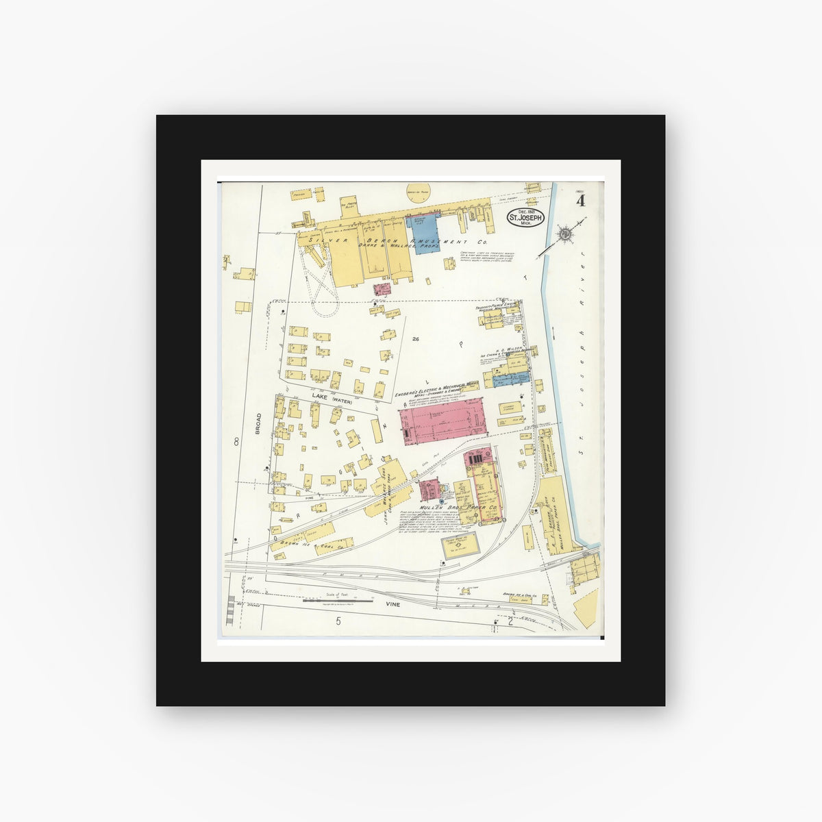 Old map wall art mockup — black gallery frame with white mat — Sanborn Fire Insurance Map from Saint Joseph, Berrien County, Michigan (1921), Sheet #0004