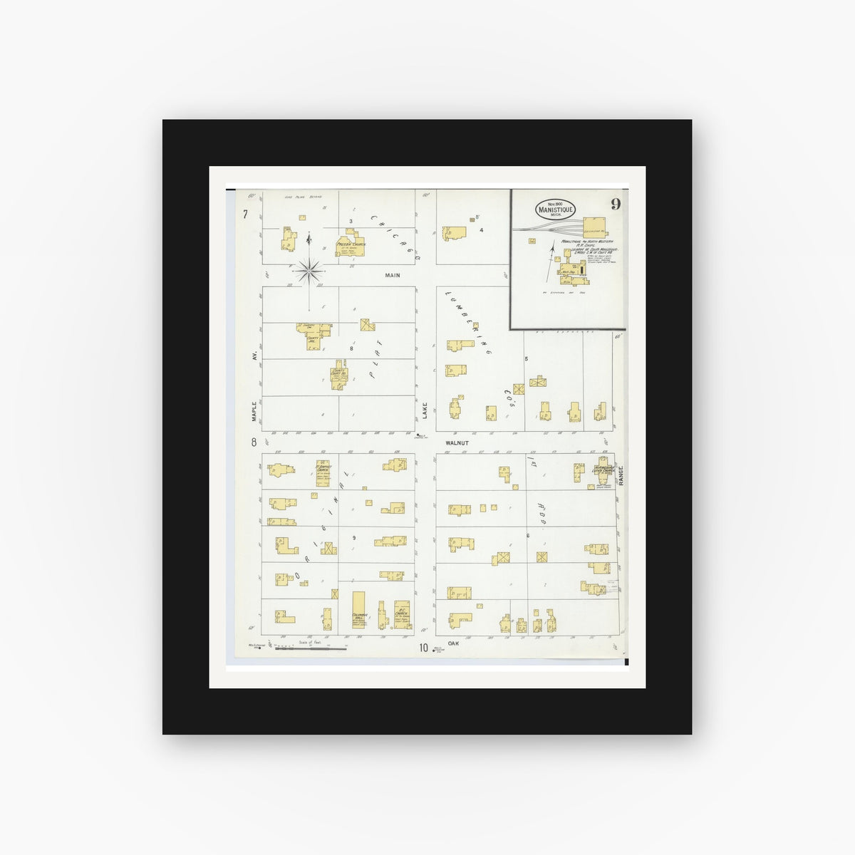 Old map wall art mockup — black gallery frame with white mat — Sanborn Fire Insurance Map from Manistique, Schoolcraft County, Michigan (1900), Sheet #0009