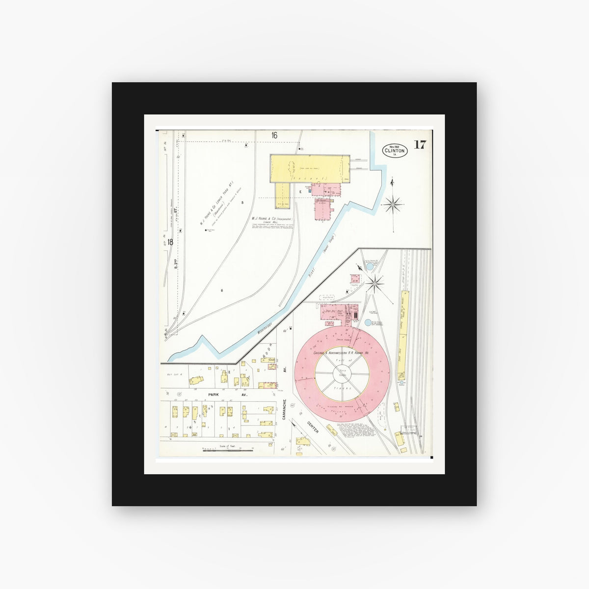 Old map wall art mockup — black gallery frame with white mat — Sanborn Fire Insurance Map from Clinton, Clinton County, Iowa (1902), Sheet #0017