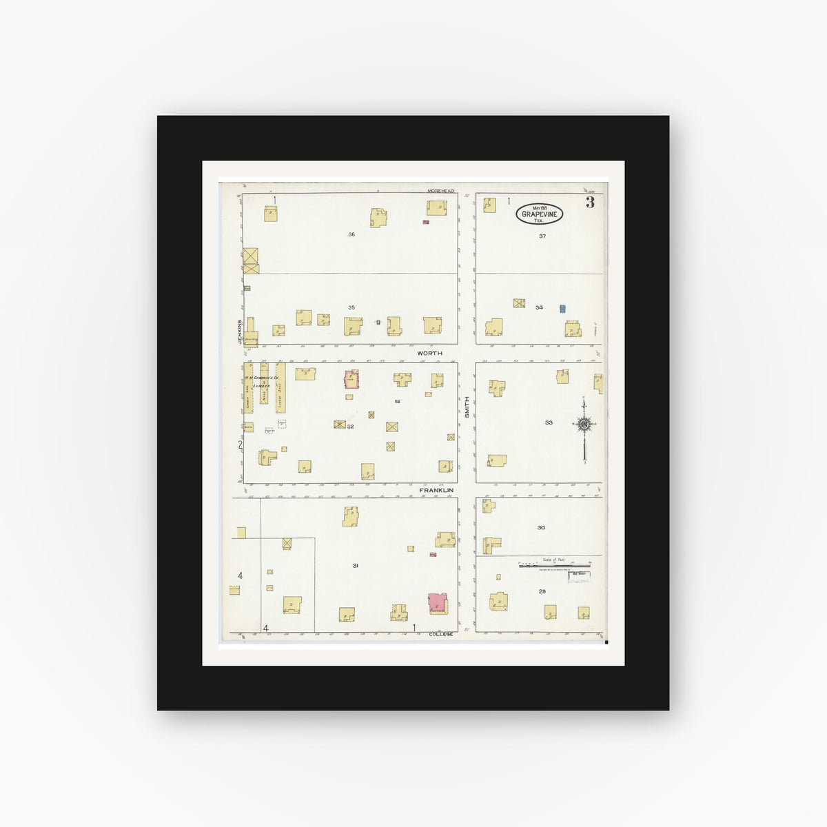 Old map wall art mockup — black gallery frame with white mat — Sanborn Fire Insurance Map from Grapevine, Tarrant County, Texas (1921), Sheet #0003