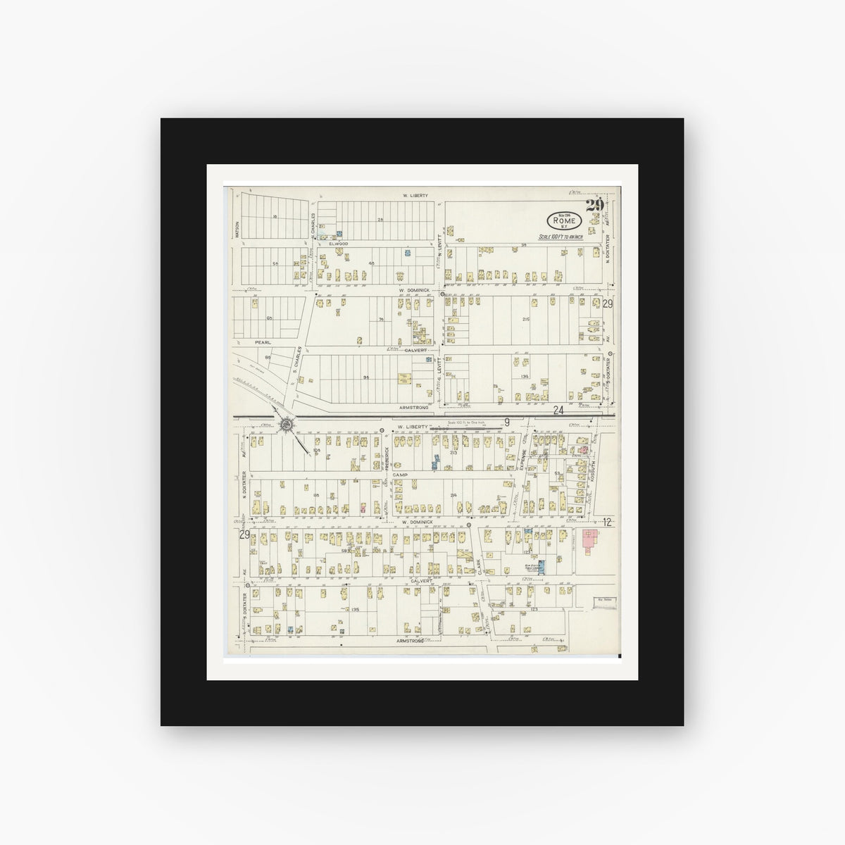 Old map wall art mockup — black gallery frame with white mat — Sanborn Fire Insurance Map from Rome, Oneida County, New York (1914), Sheet #0029