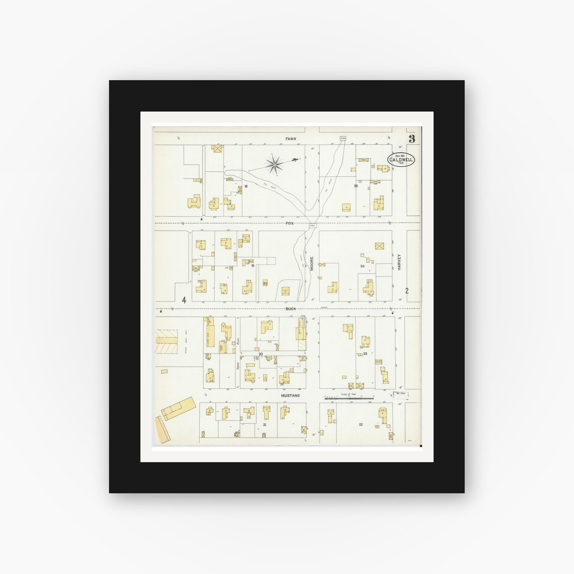 Old map wall art mockup — black gallery frame with white mat — Sanborn Fire Insurance Map from Caldwell, Burleson County, Texas (1901), Sheet #0003