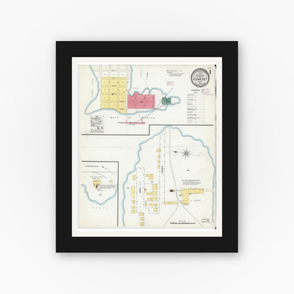 Old map wall art mockup — black gallery frame with white mat — Sanborn Fire Insurance Map from Cedar Key, Levy County, Florida (1909) - Complete Map Set