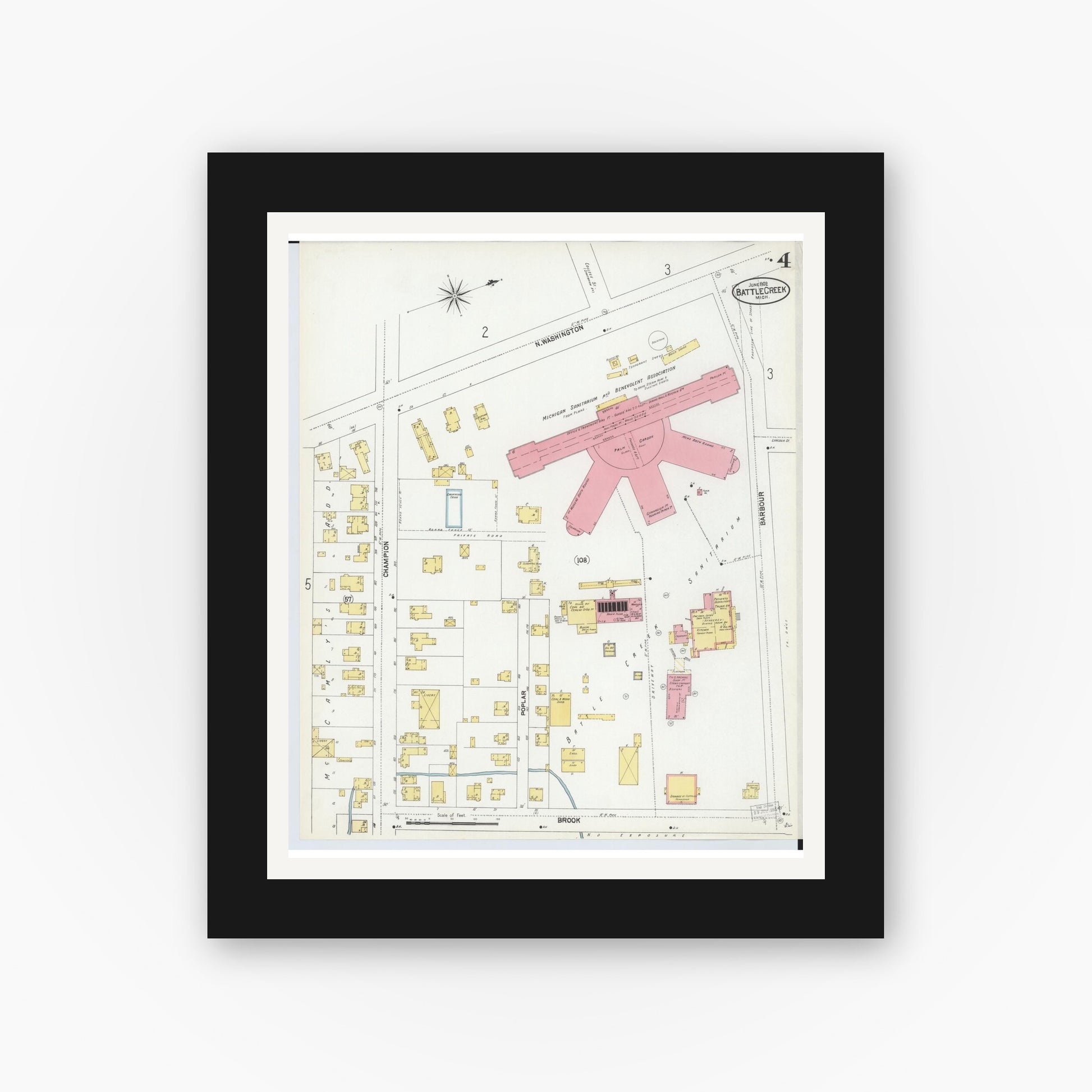 Old map wall art mockup — black gallery frame with white mat — Sanborn Fire Insurance Map from Battle Creek, Calhoun County, Michigan (1902), Sheet #0004