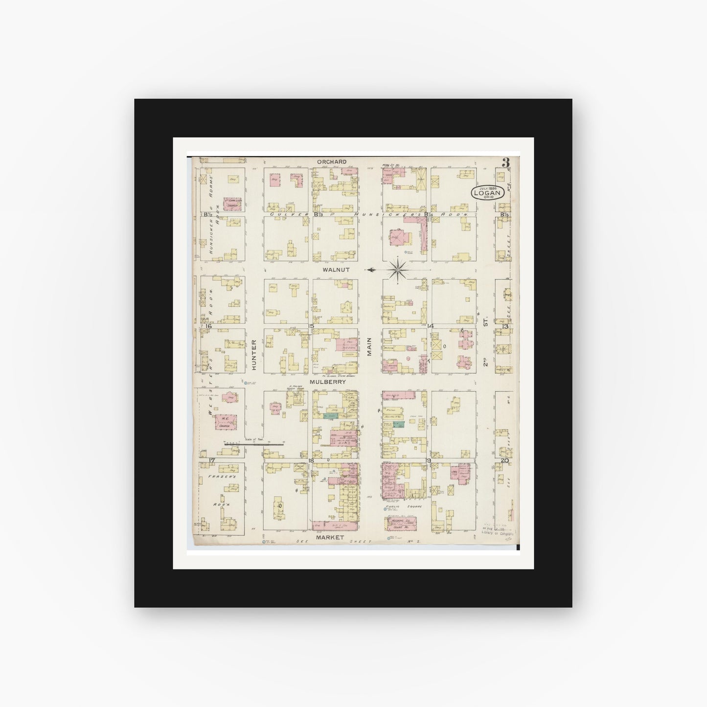 Old map wall art mockup — black gallery frame with white mat — Sanborn Fire Insurance Map from Logan, Hocking County, Ohio (1886), Sheet #0003