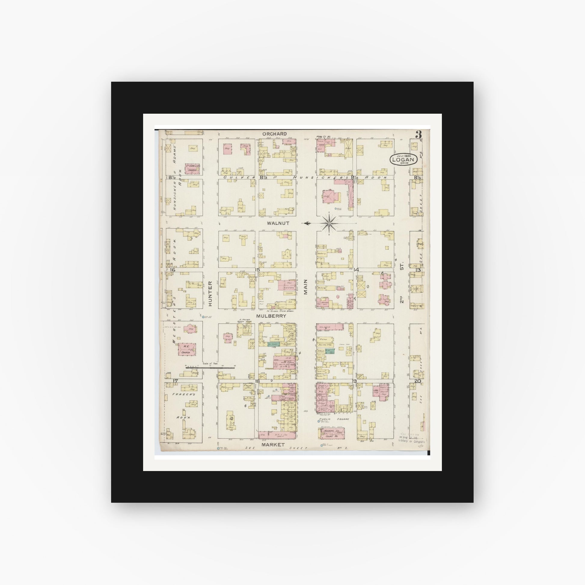 Old map wall art mockup — black gallery frame with white mat — Sanborn Fire Insurance Map from Logan, Hocking County, Ohio (1886), Sheet #0003