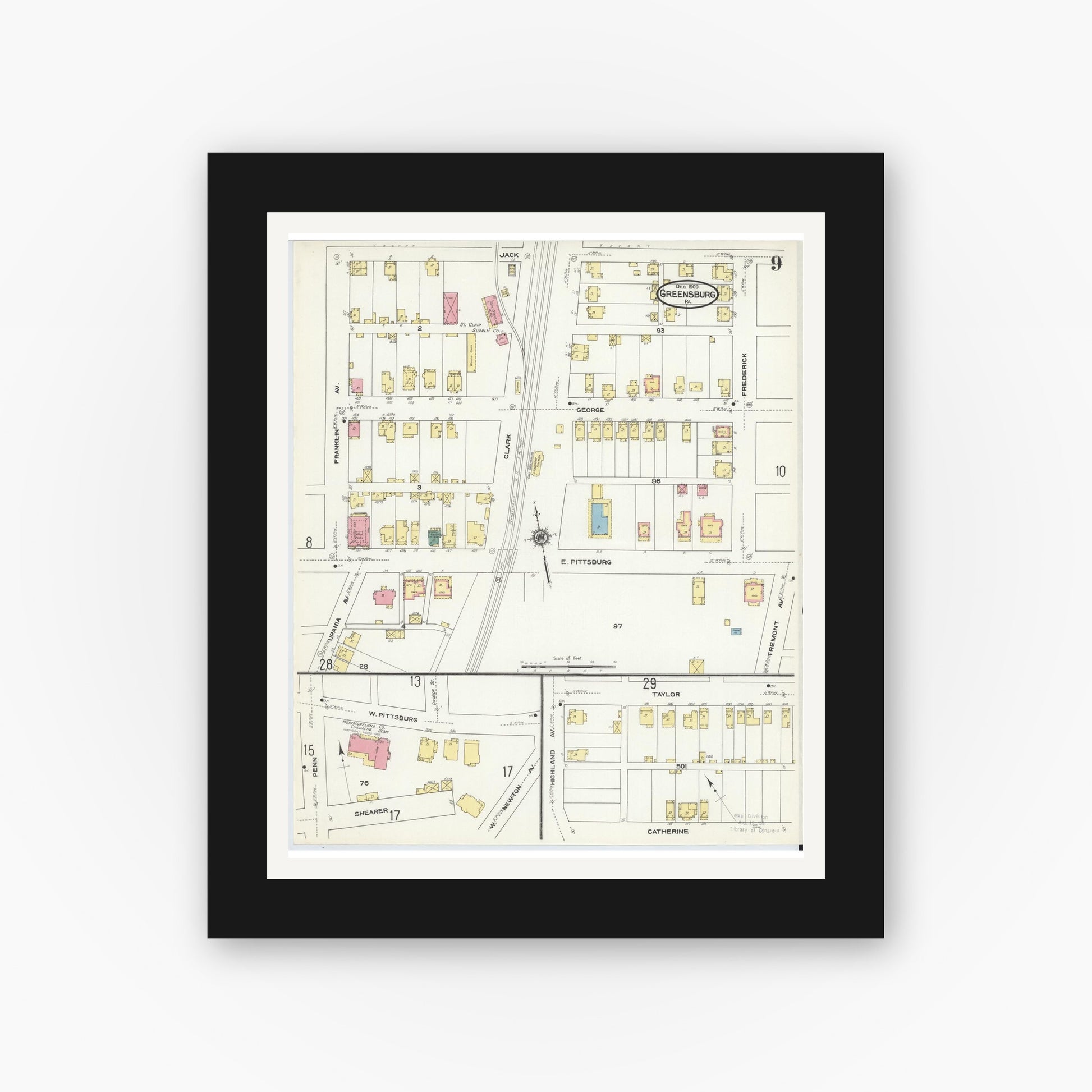 Old map wall art mockup — black gallery frame with white mat — Sanborn Fire Insurance Map from Greensburg, Westmoreland County, Pennsylvania (1909), Sheet #0009