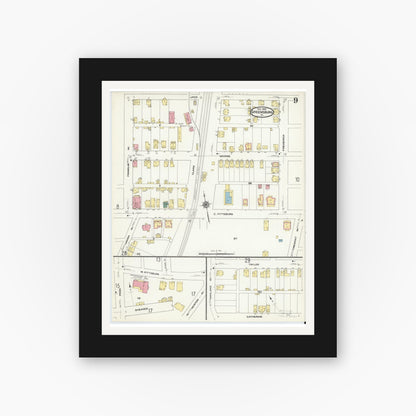 Old map wall art mockup — black gallery frame with white mat — Sanborn Fire Insurance Map from Greensburg, Westmoreland County, Pennsylvania (1909), Sheet #0009