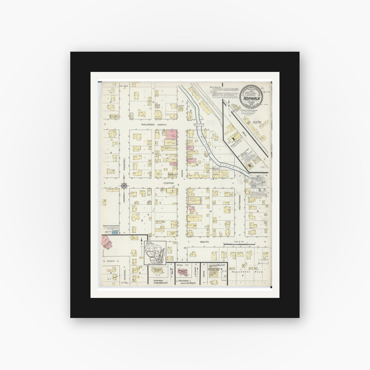 Old map wall art mockup — black gallery frame with white mat — Sanborn Fire Insurance Map from Norwalk, Monroe County, Wisconsin (1914), Sheet #0001