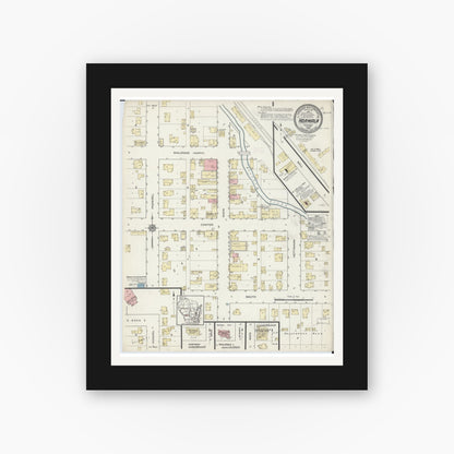 Old map wall art mockup — black gallery frame with white mat — Sanborn Fire Insurance Map from Norwalk, Monroe County, Wisconsin (1914), Sheet #0001
