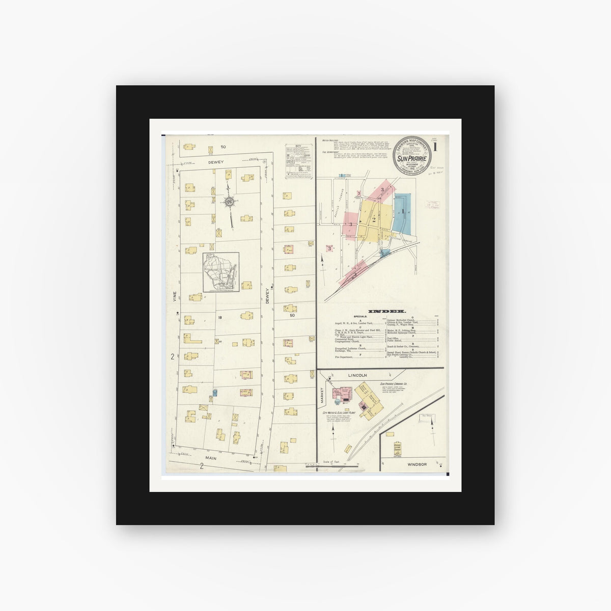 Old map wall art mockup — black gallery frame with white mat — Sanborn Fire Insurance Map from Sun Prairie, Dane County, Wisconsin (1912) - Complete Map Set