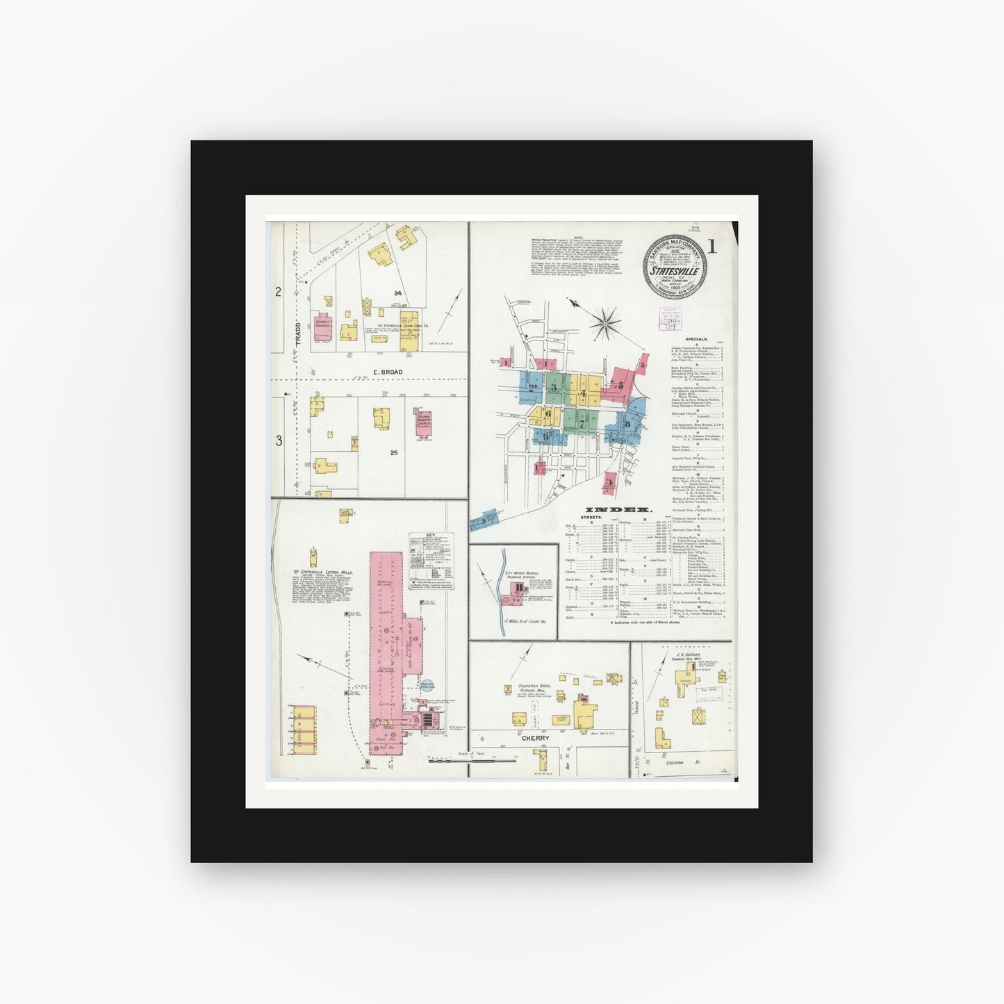 Old map wall art mockup — black gallery frame with white mat — Sanborn Fire Insurance Map from Statesville, Iredell County, North Carolina (1905), Sheet #0001