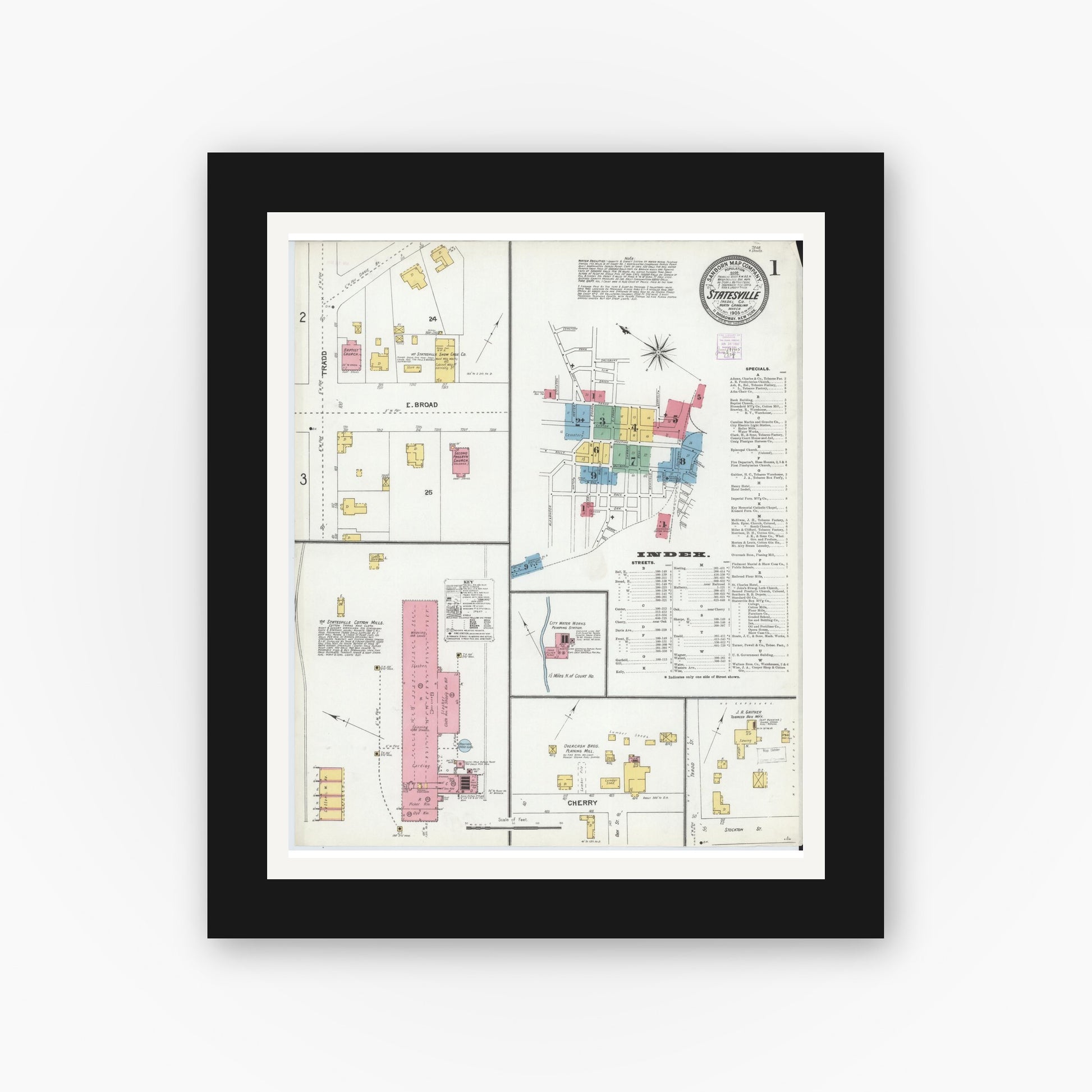 Old map wall art mockup — black gallery frame with white mat — Sanborn Fire Insurance Map from Statesville, Iredell County, North Carolina (1905), Sheet #0001