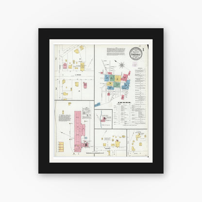 Old map wall art mockup — black gallery frame with white mat — Sanborn Fire Insurance Map from Statesville, Iredell County, North Carolina (1905), Sheet #0001