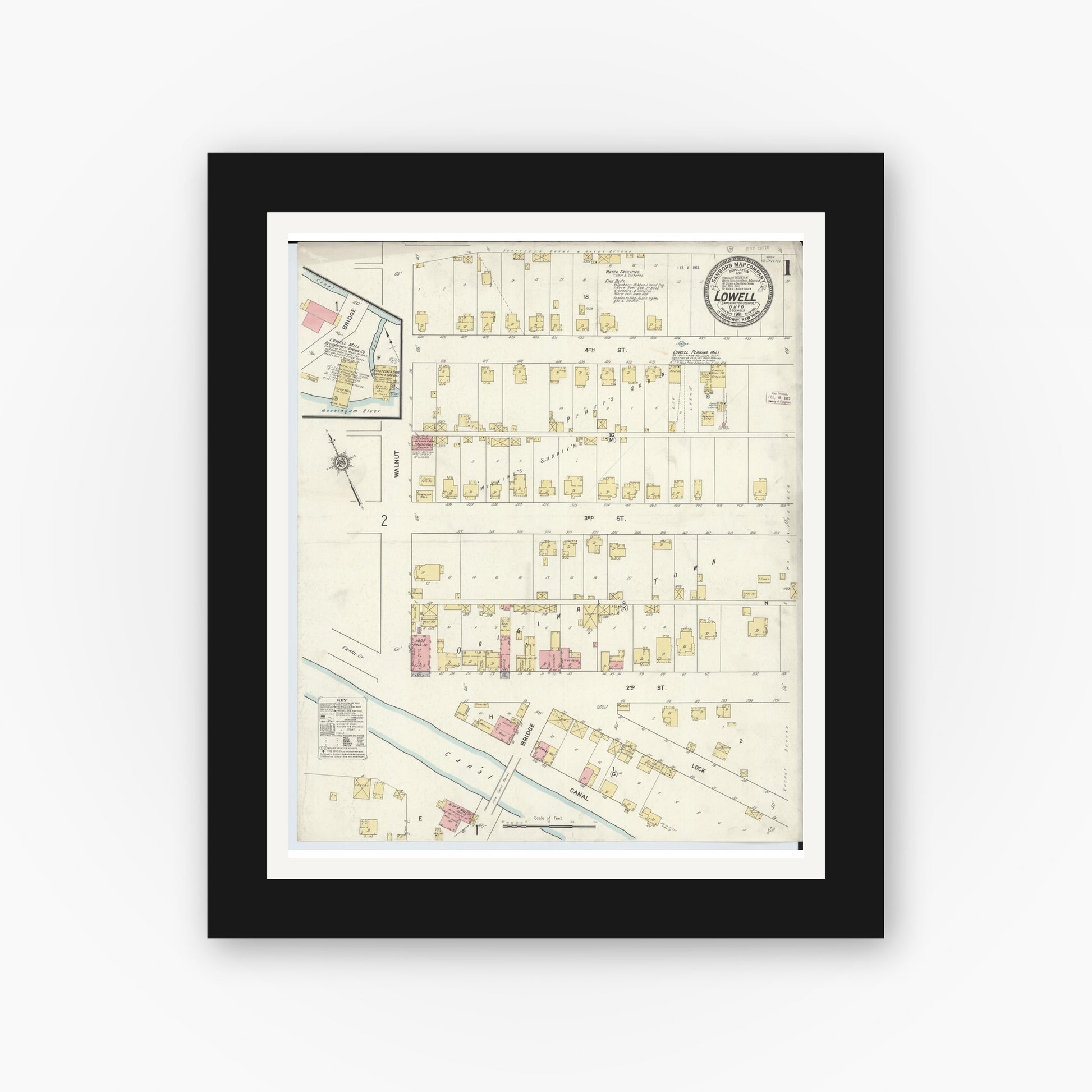 Old map wall art mockup — black gallery frame with white mat — Sanborn Fire Insurance Map from Lowell, Washington County, Ohio (1911) - Complete Map Set