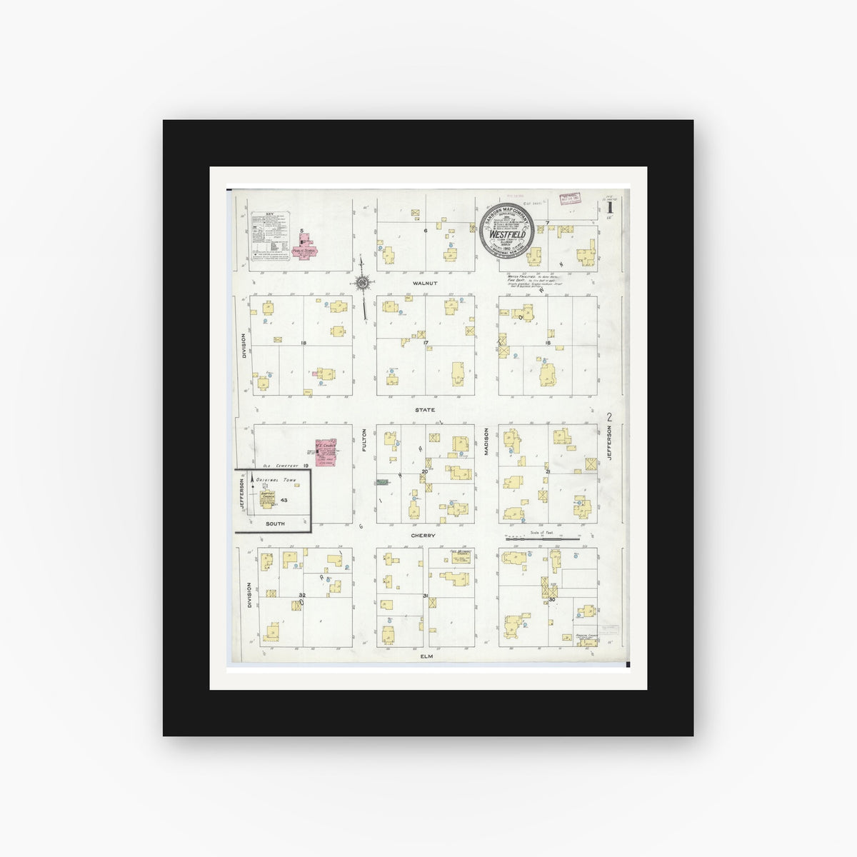 Old map wall art mockup — black gallery frame with white mat — Sanborn Fire Insurance Map from Westfield, Clark County, Illinois (1910) - Complete Map Set